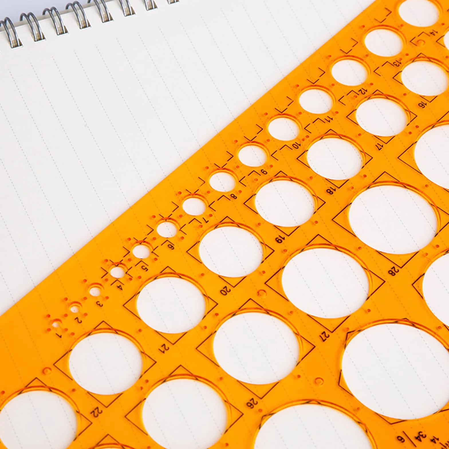 Plantilla circular de plástico, regla para dibujar con 36 círculos, naranja