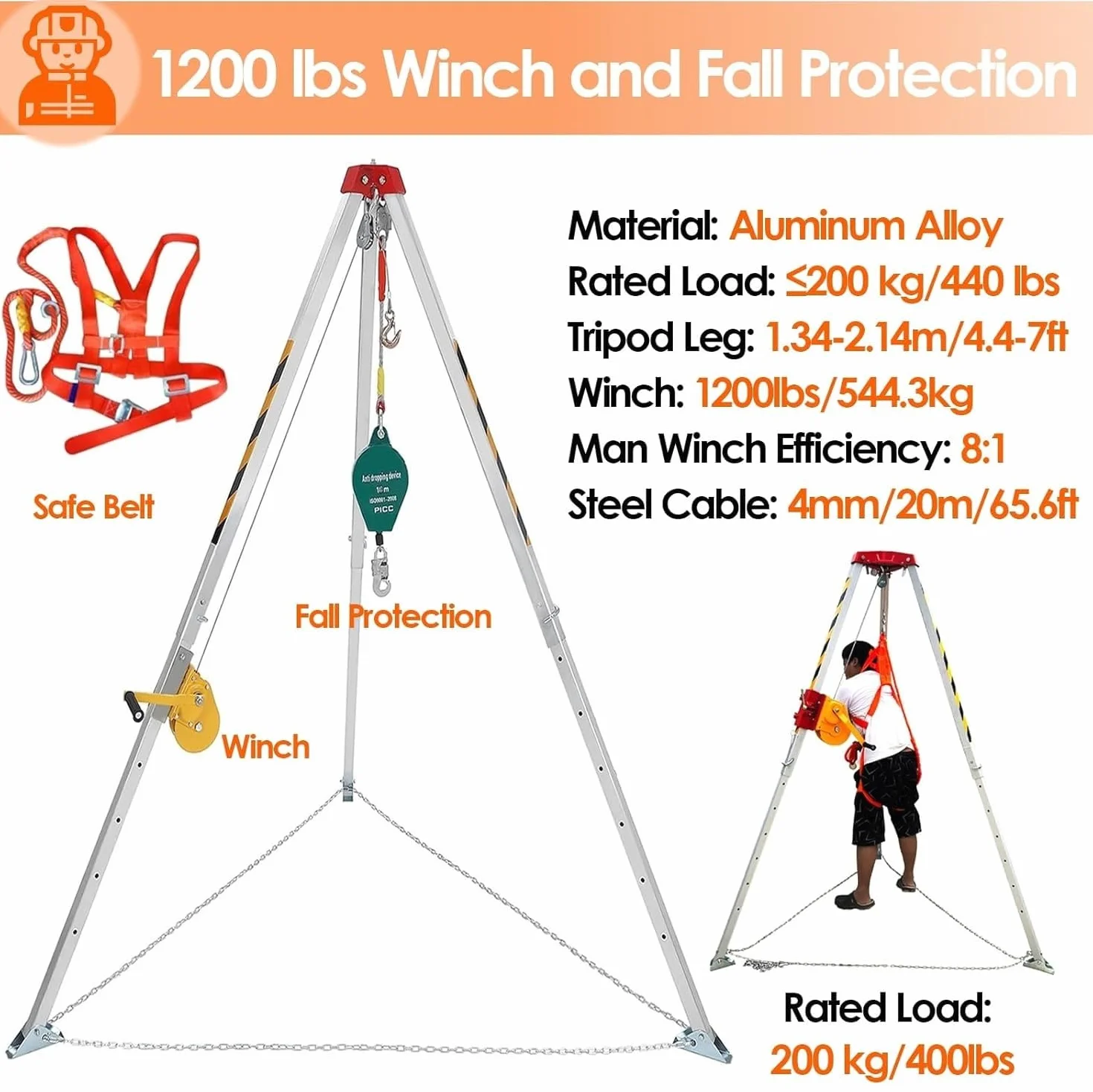 Trípode de rescate contra incendios con cabrestante de 1200 1800 2600 libras, Sistema de rescate con trípode de aluminio para entrada de túnel de pozo de alcantarillado(1200LBS Winch+Fall Prote