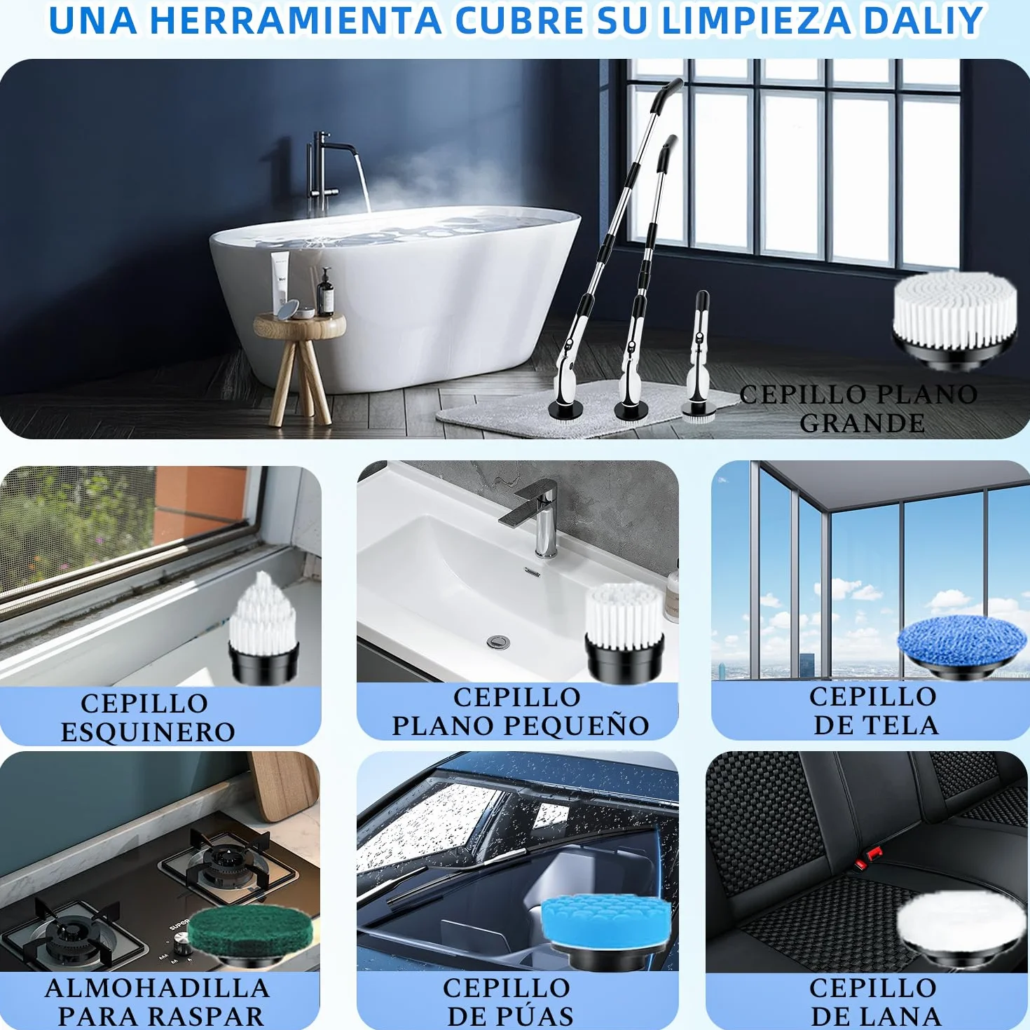 Cepillo Electrico Limpieza Hogar, Cepillo Limpieza Hogar con 4 Ángulos Ajustables, 7 Cabezales de Cepillo, 3 Opciones de Longitud, 90 Minutos de Autonomía, 2 Modos de Velocidad, para Baño, Suelo