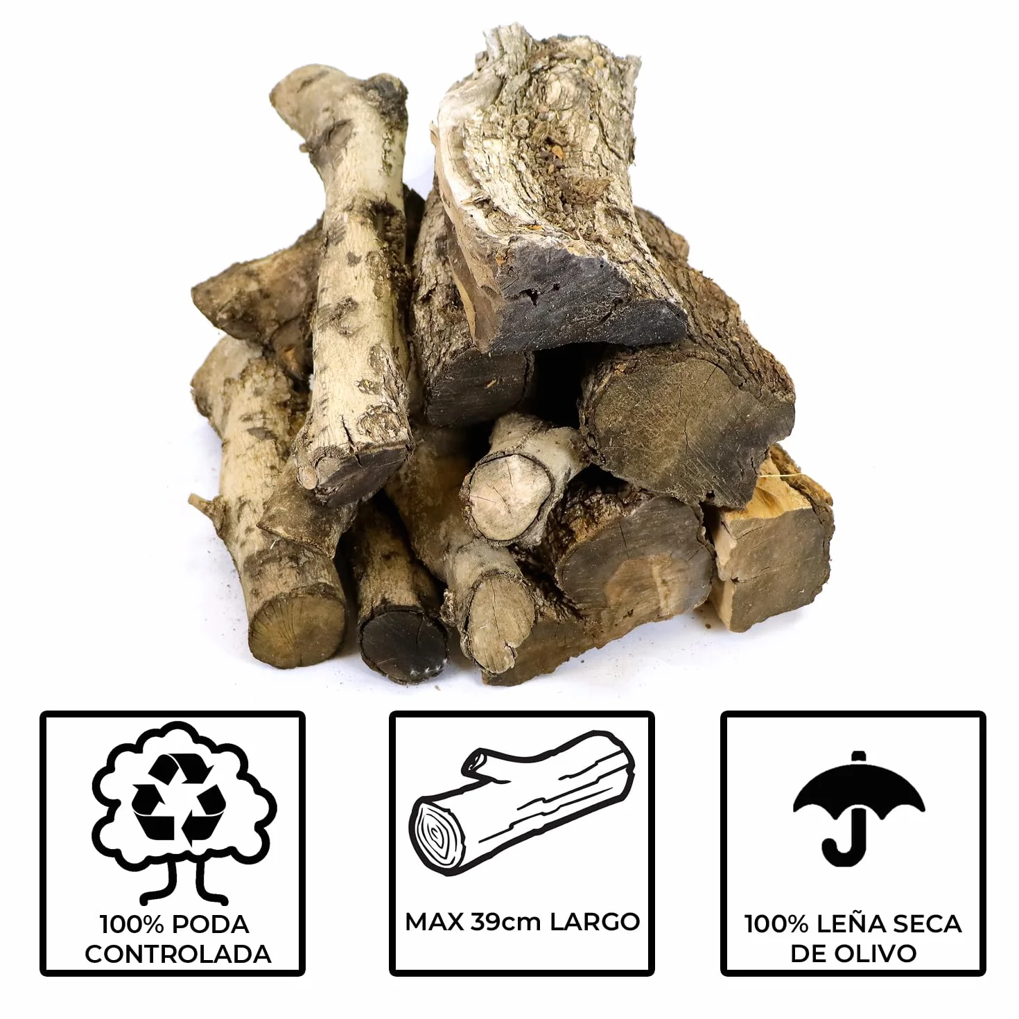 19kg Leña de Olivo, Troncos Medios. Ideal para hornos de Piedra y Todo Tipo de Chimeneas, Estufas y Cassetes. Enviada en Caja de cartón reciclada y reciclable.