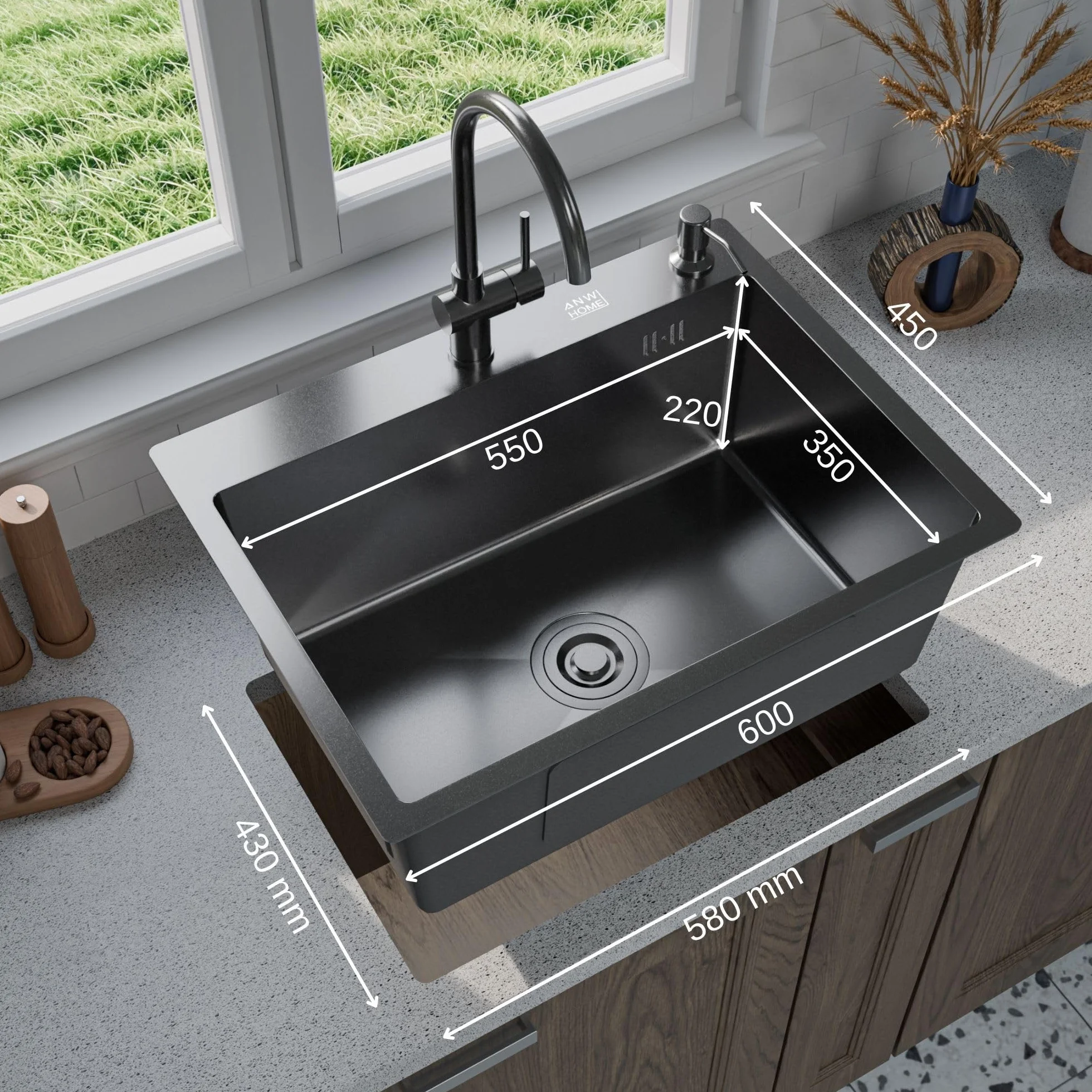 ANW HOME Fregadero Cocina 1 Seno, Acero Inoxidable 60x45 cm, Fregadero sobre Encimera Grafito PVD con Superficie Nano, Grosor 3,0+1 mm, con Sifón Dosificador de Jabón y Cesta