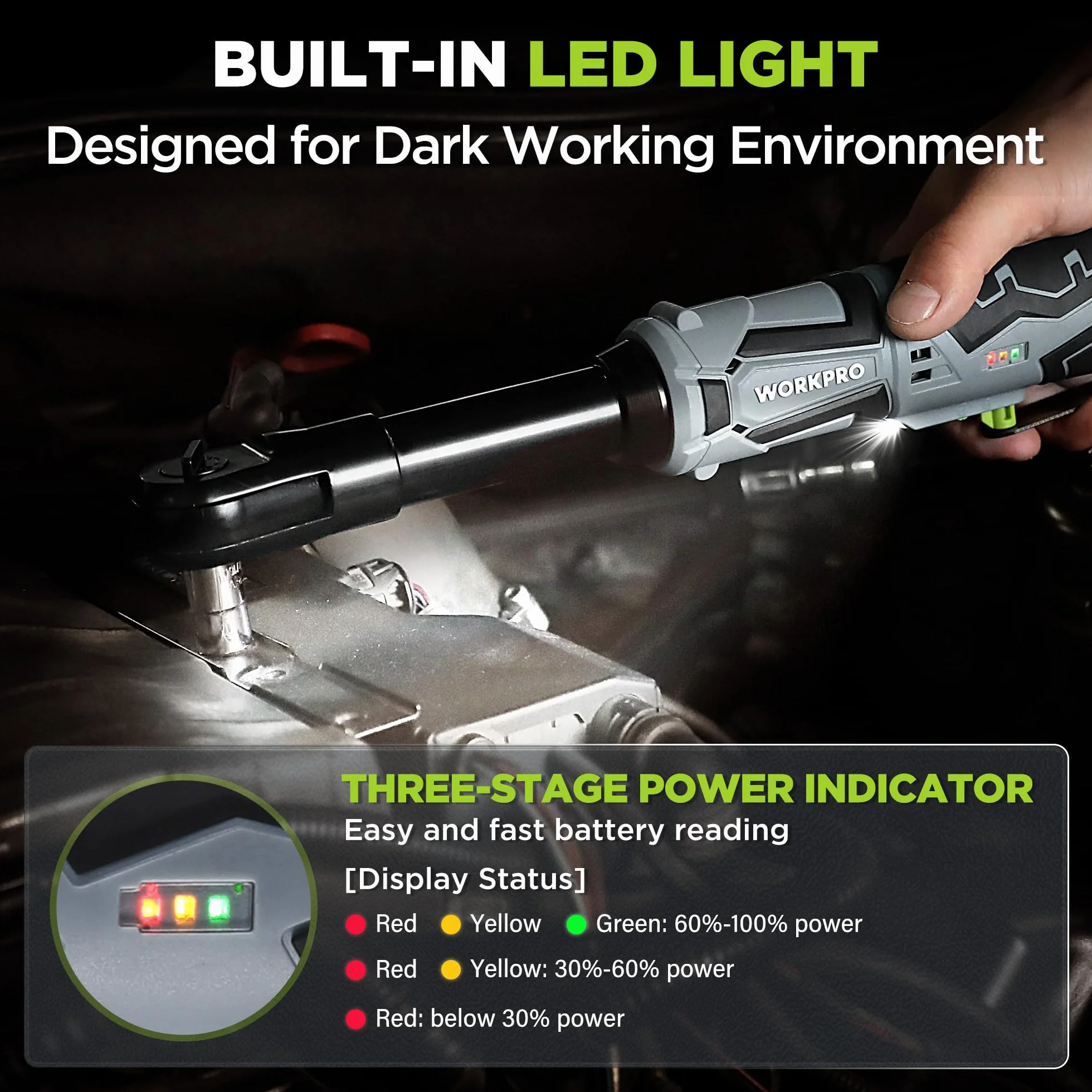 WORKPRO Llave de Carraca Eléctrica Extendida, 12V Atornillador de Impacto