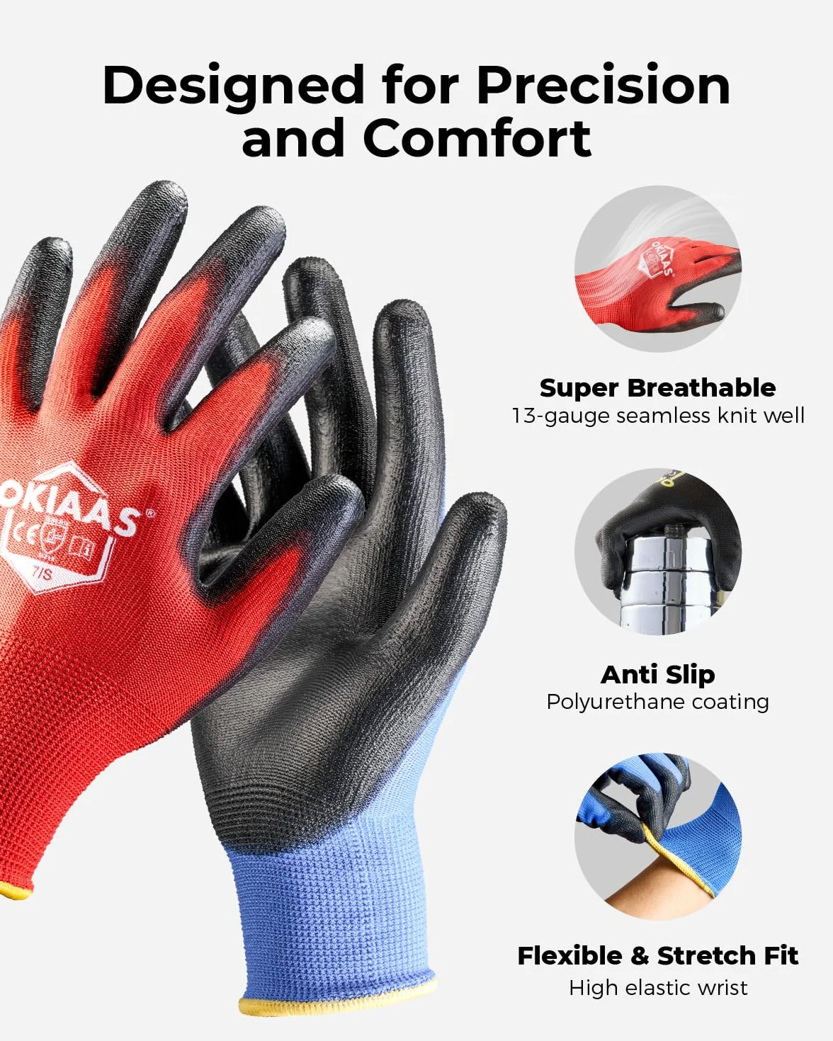OKIAAS Guantes de trabajo de seguridad (12 pares, tamaño XL/10) con mango, guantes de trabajo con revestimiento de poliuretano (PU), para mecánico, almacén, jardinería, construcción, trabajos de