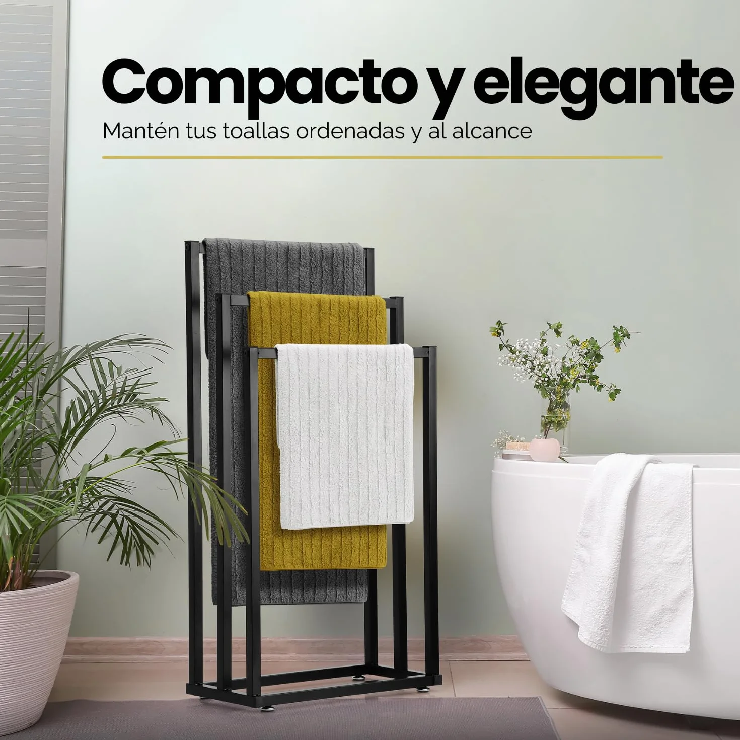Toallero de Pie Negro – Soporte de Toallas Moderno para Baño – Estructura Estable sin Taladro