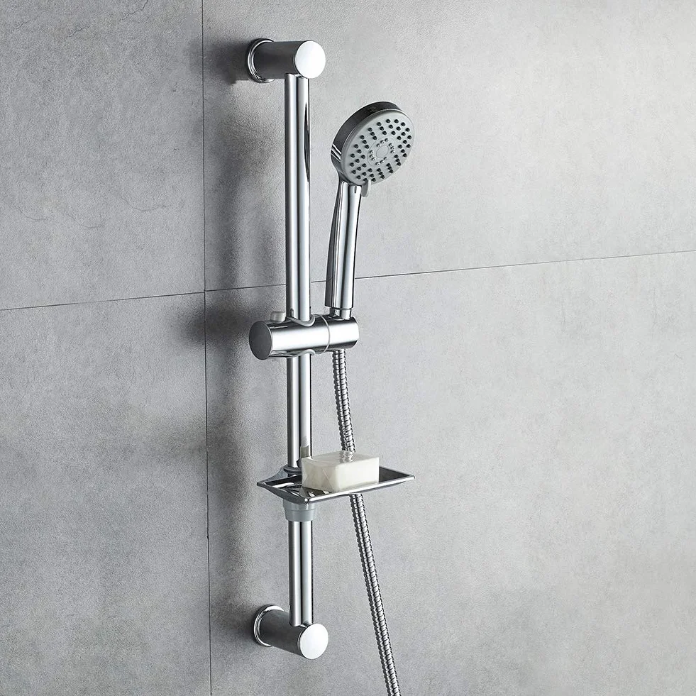Ibergrif, M20903 Conjunto Soporte Ducha Pared, Barra Ducha con Jabonera, Manguera, Alcachofa, Soporte, Plata