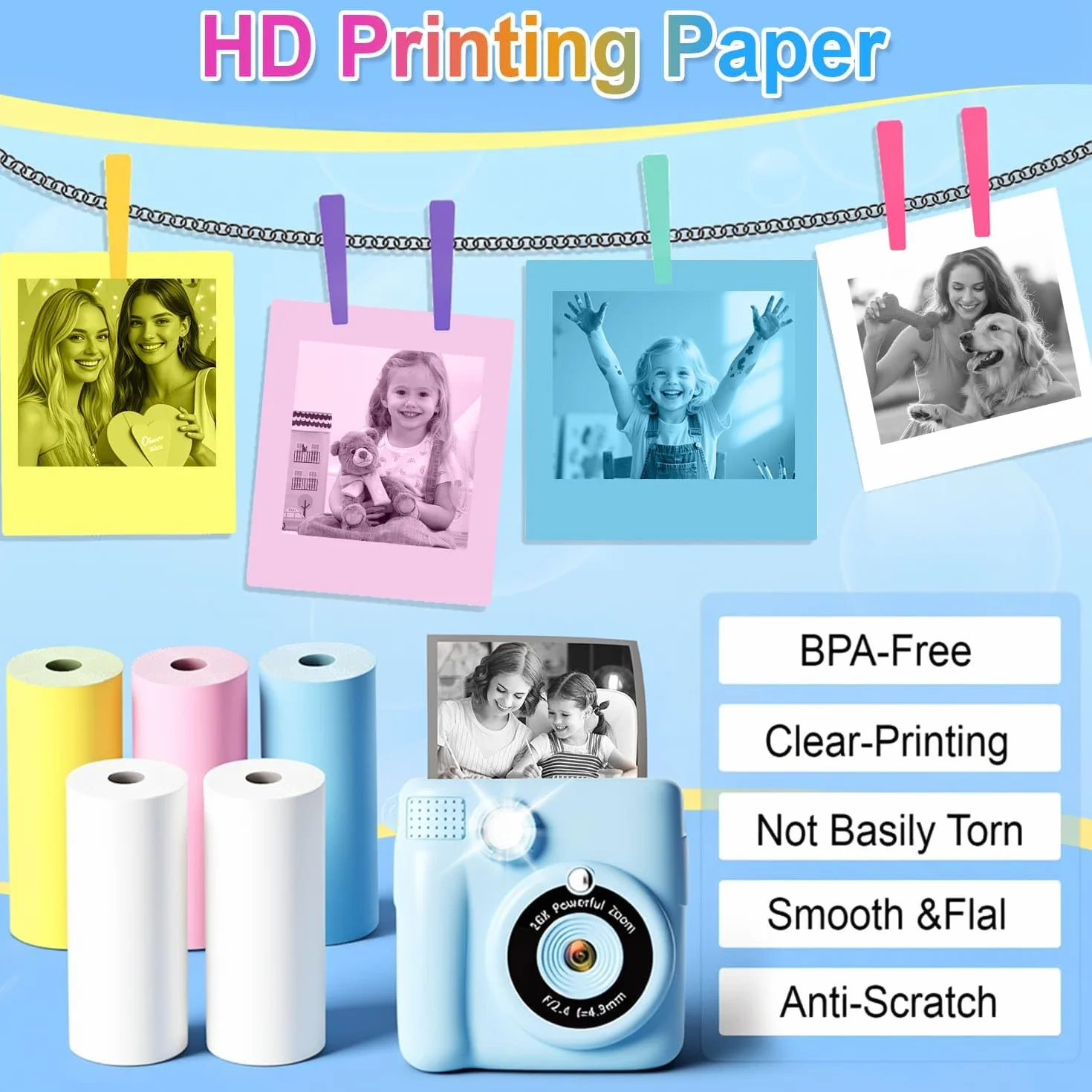 18 rollos de papel de repuesto para cámara para niños, compatible con la mayoría de cámaras de impresión instantánea para niños (2.25 x 1 pulgada)