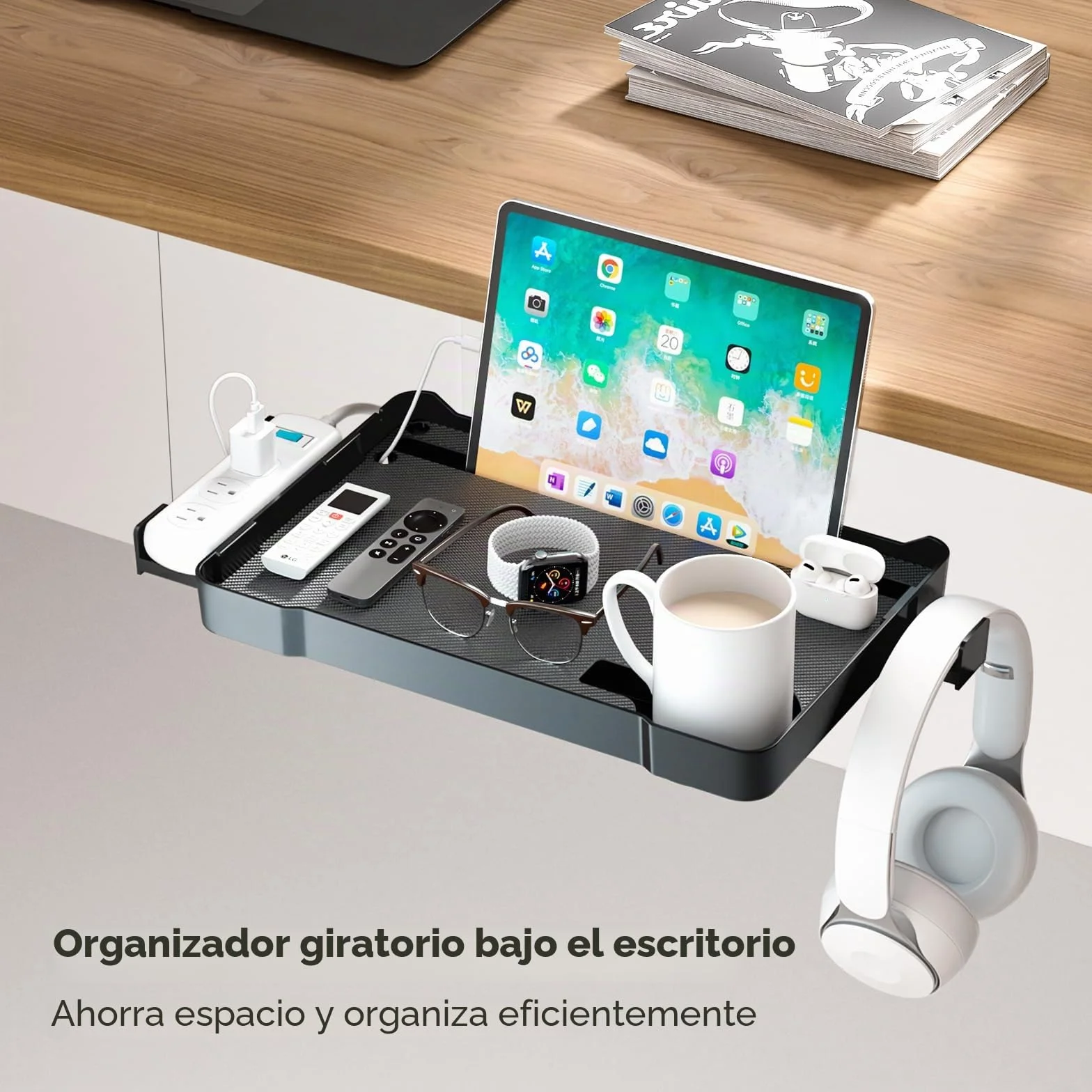 KDD Organizador Cajones Bajo Escritorio Oculto, Cajonera Giratoria 360° con Soporte Cascos Gaming y Portavasos