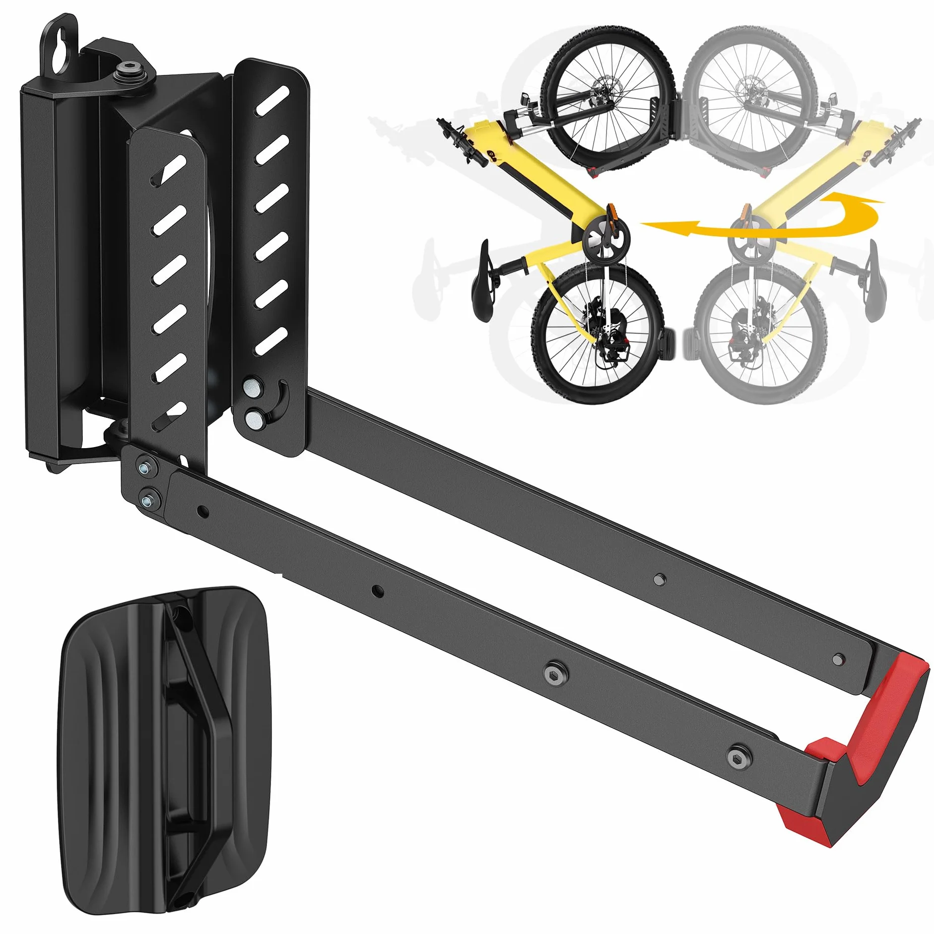 Mimoke Soporte de pared ajustable para bicicleta que ahorra espacio, diseño de elevación fácil con brazo plegable y función giratoria (1 unidad)