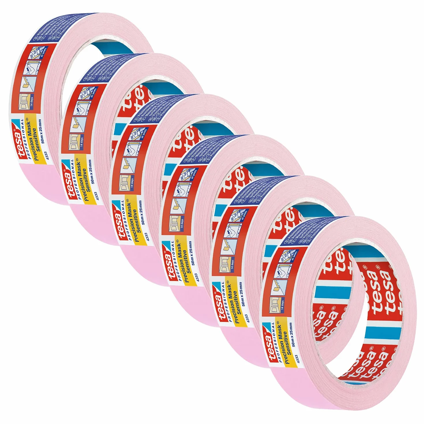 tesa Cinta adhesiva de precisión 4333 Sensitiv para pegar superficies delicadas en interiores, cinta de pintor extremadamente plana, color rosa claro, 50 m x 25 mm, 6 unidades