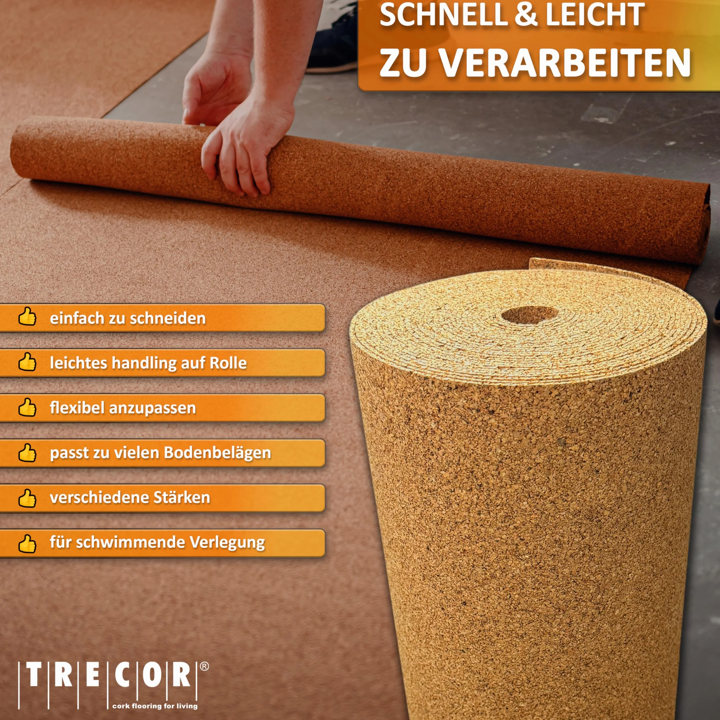 Base de corcho TRECOR aislante del ruido de impacto - 2 mm de espesor - Para suelos laminados y de parquet - Compra (20 m²)