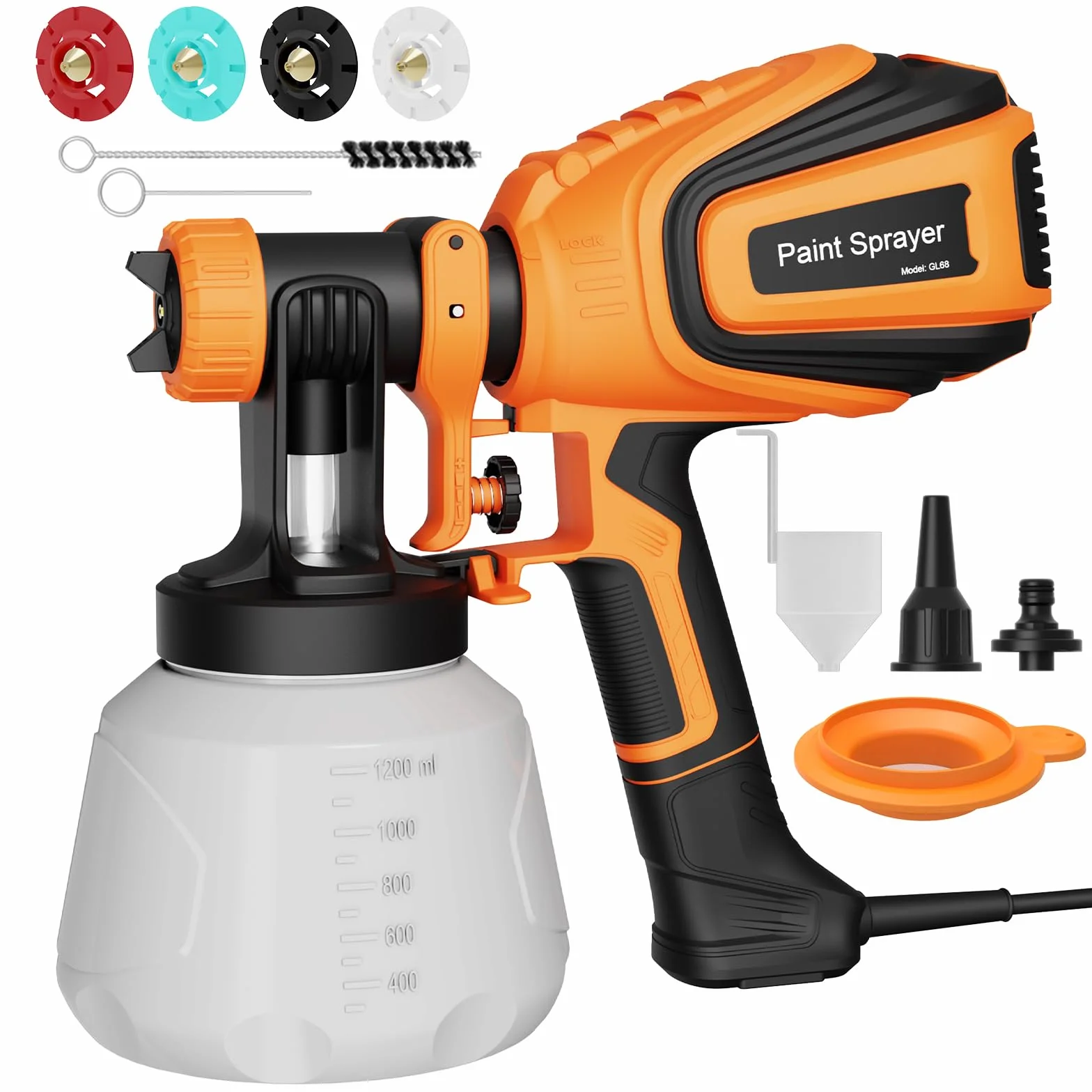 Pulverizador de Pintura HVLP 700 W, Pulverizador Eléctrico con DepóSito de 1200 ML, Flujo de 1000 Ml/Min, 4 Boquillas y 3 Patrones de Pulverización, Incluye Boquillas de Limpieza y Soplado de Polvo