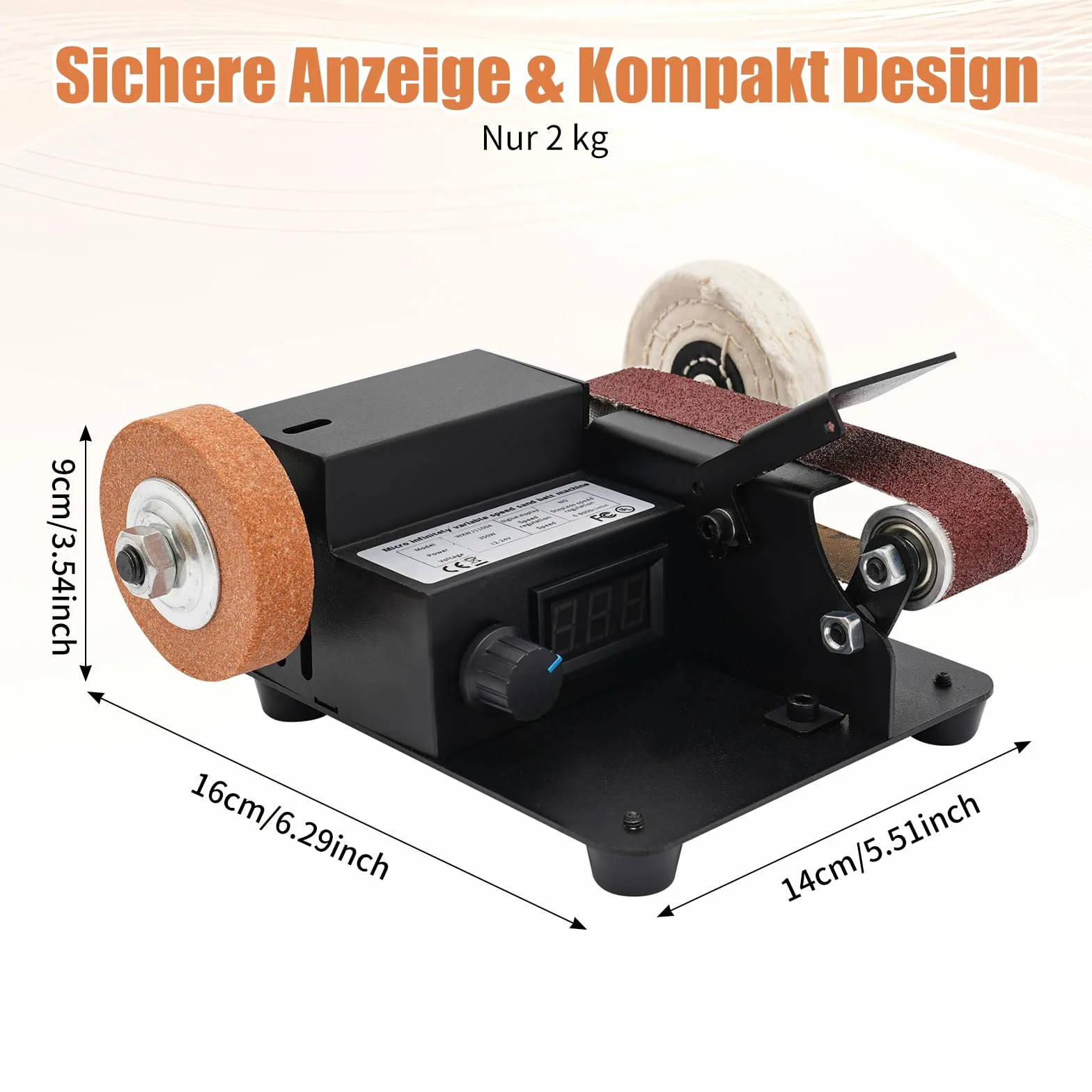 OUKANING Mini Band Sander 350W - Lijadora eléctrica para mesa con 0-10000 RPM, 7 velocidades de regulación de velocidad continua, incluye 10 bandas de lijado, disco abrasivo y accesorio de pulido como