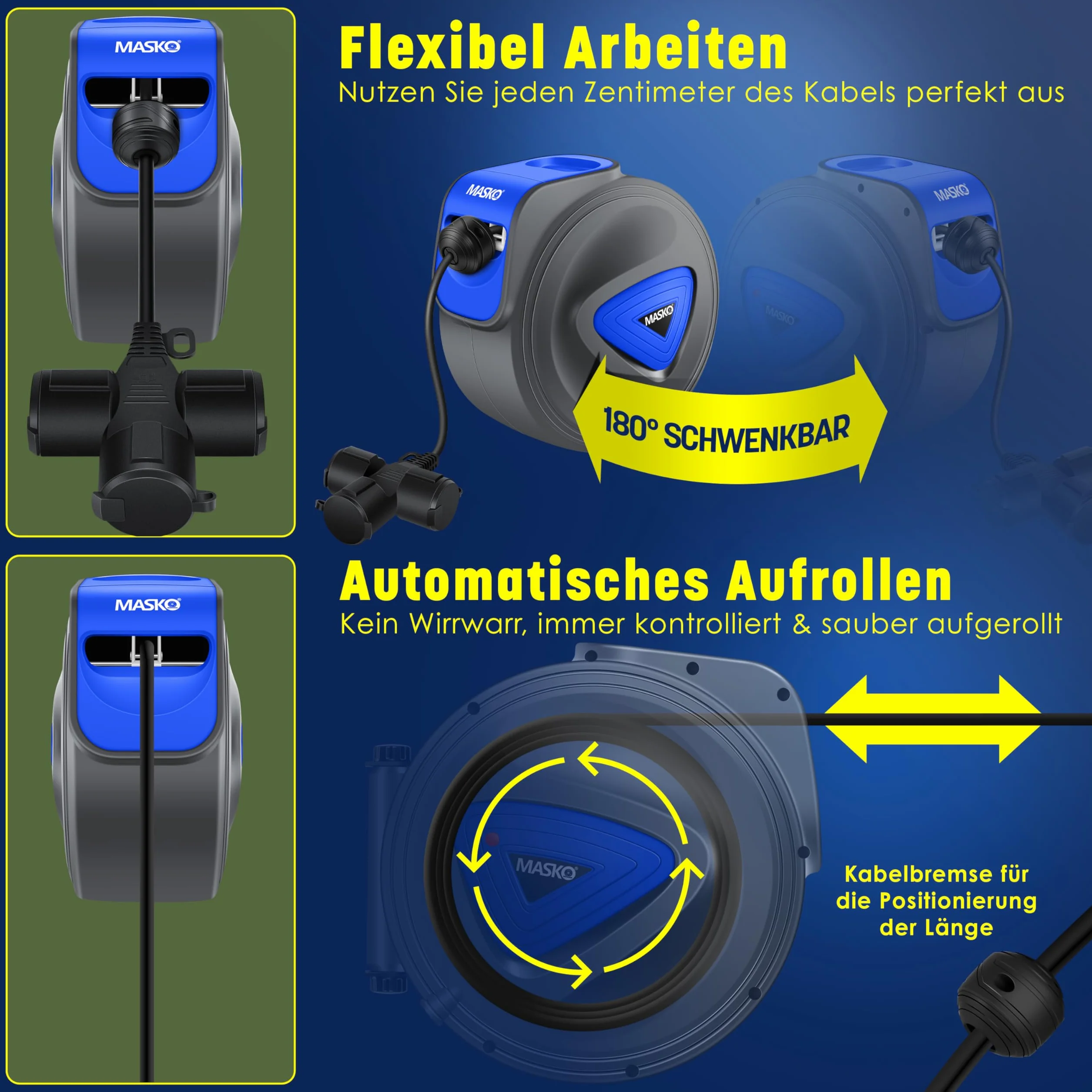 MASKO® Cable alargador automático de 20 m con conexión de 3 vías, giratorio 180°, cable de alimentación de 1,5 m, soporte de pared, enrollador de cables, enrollador de cables, incluye guantes