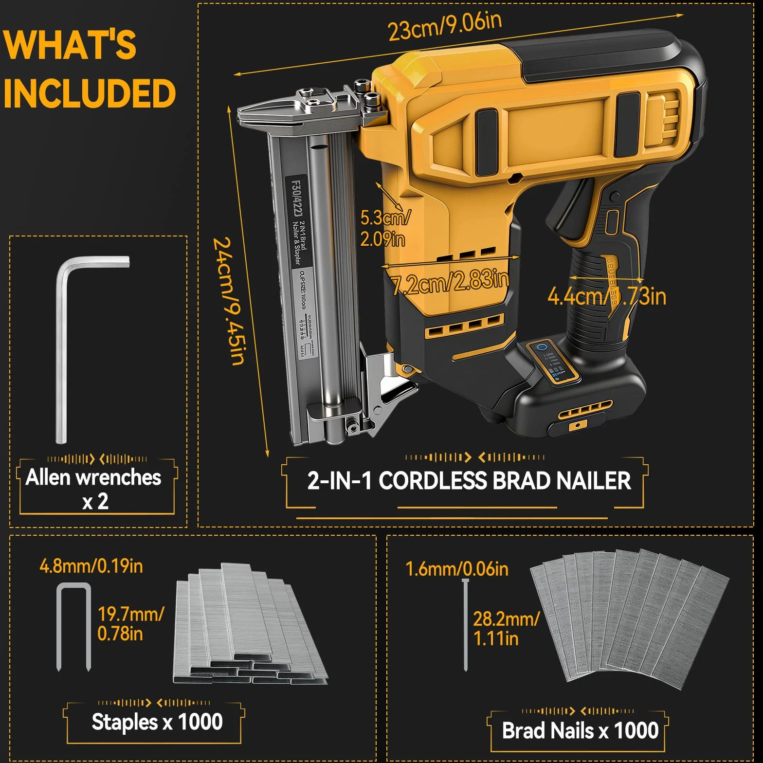 Clavadora de brads inalámbrica de 18GA compatible con batería Dewalt 20V MAX, clavadora de corona estrecha sin escobillas con 1000 clavos y 1000 grapas para bricolaje, DIY y carpintería