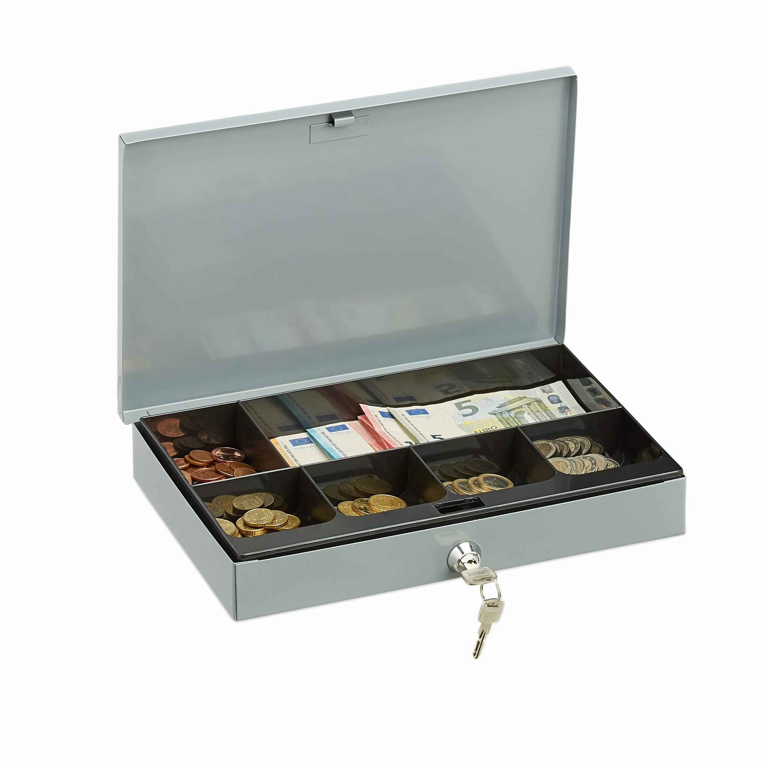 Relaxdays Caja Fuerte Portátil 2 Llaves, Caja Dinero Baja, Caja Caudales, Acero-Plástico, 5x30x20 cm, Gris
