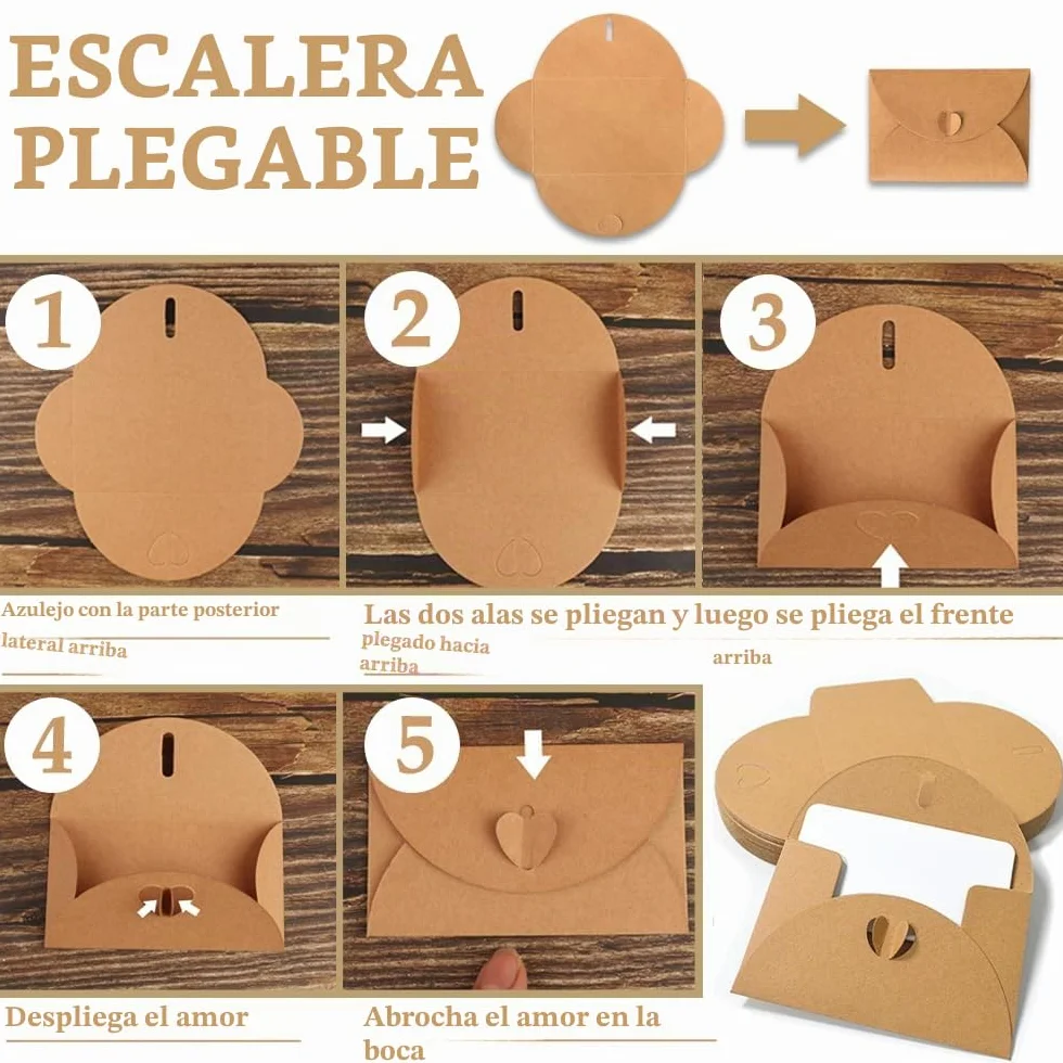 15 Sobres de Papel Kraft con 15 Tarjetas de Papel en Blanco - Mini Sobres con Cierre de corazón para Tarjetas de Regalo DIY Graffiti