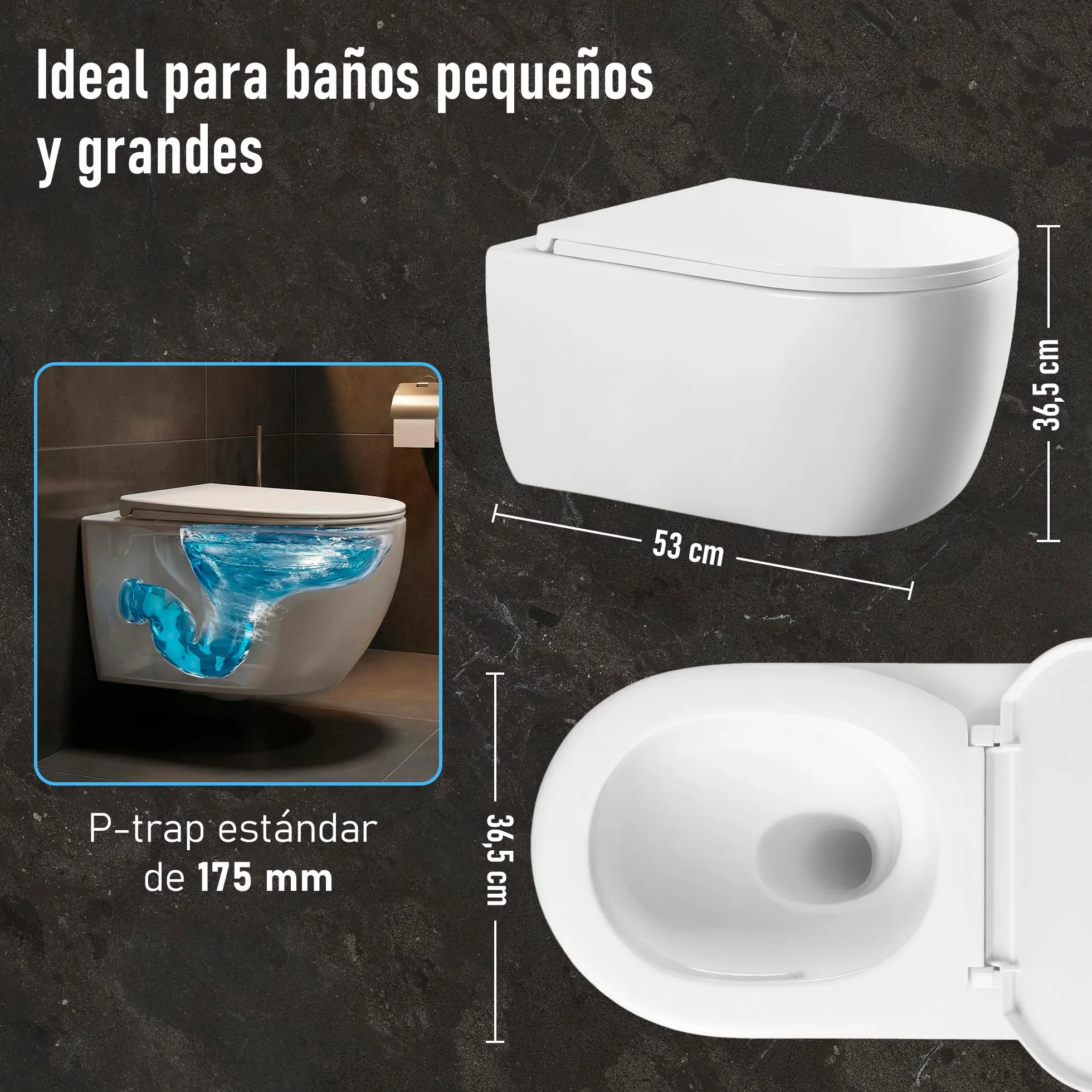 WC Inodoro de Cerámica Suspendido | 530x365x365 mm | Váter con Sistema Rimless Antibacterias, Tapa Dura Extrafina UF Amortiguada y Ahorro de Agua (Blanco)