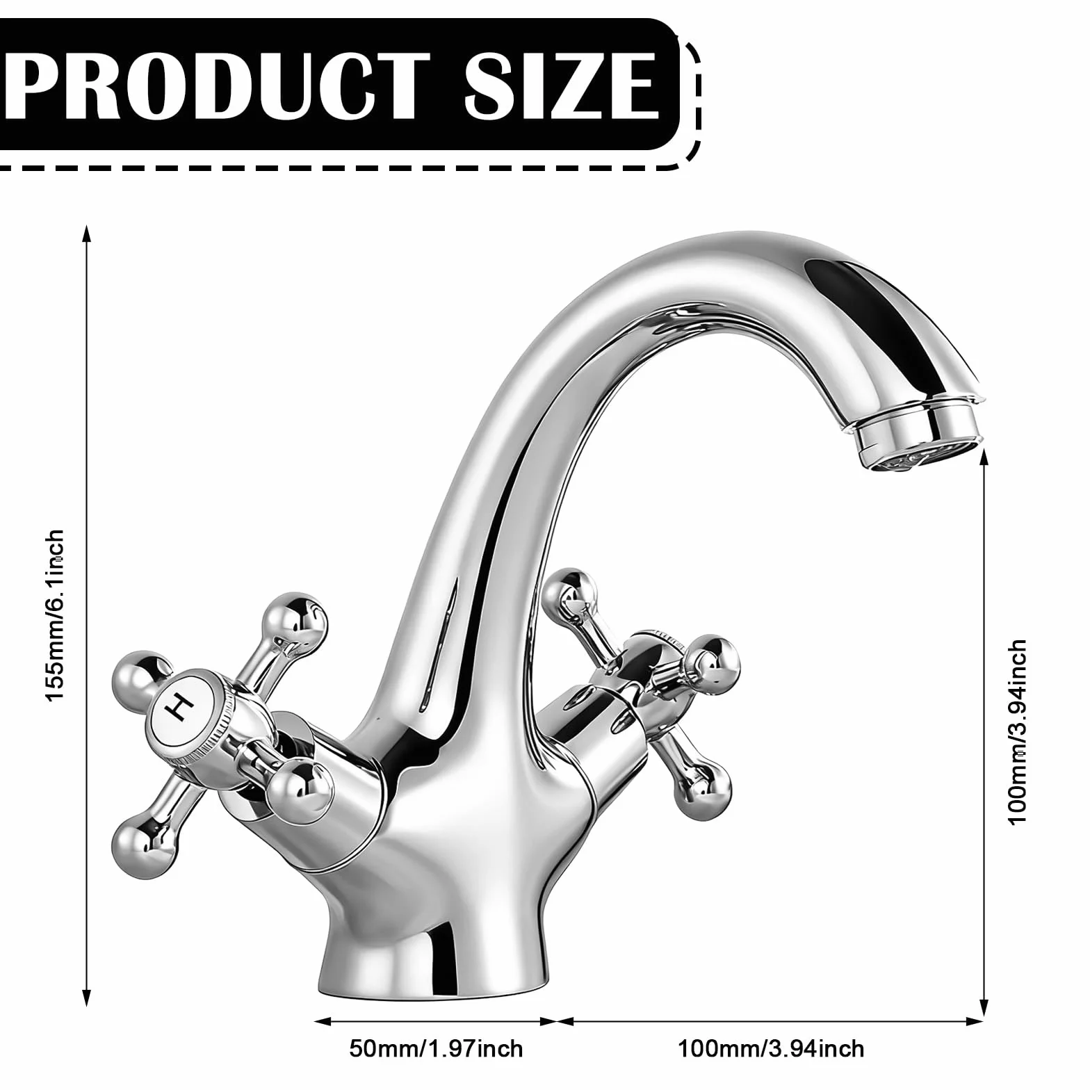 Grifo de baño, grifo mezclador de lavabo, grifo retro con dos asas, grifo de lavabo retro de 2 manijas, lavabo con caño altura 100 mm, 2 mangueras de 60 cm