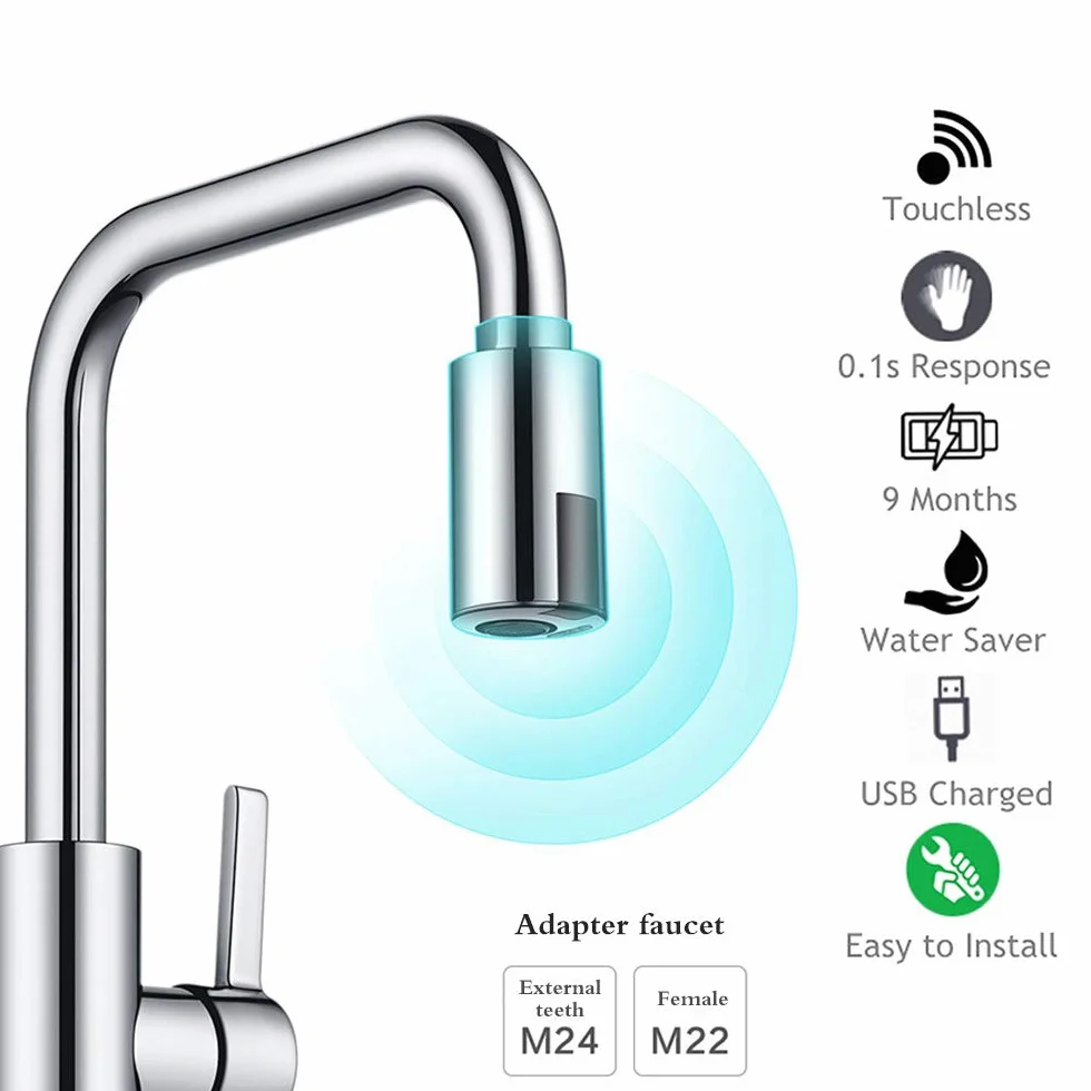 ALLOMN Grifo Inteligente, Adaptador de Grifo sin Contacto Dispositivo de Ahorro de Agua Adaptador de Economizador de Agua con Sensor de Infrarrojos Boquilla de Grifo M22 M24 Adecuada