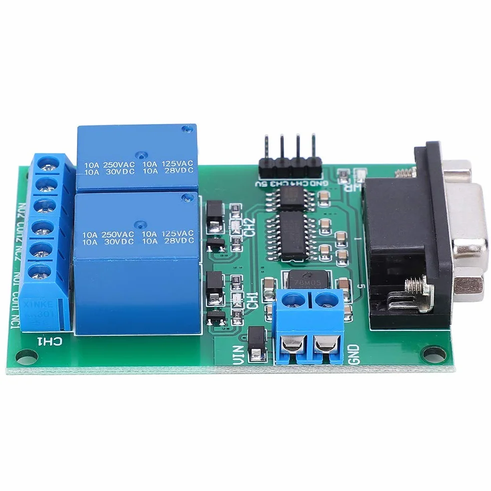 Módulo Relé DC 12V 2 Canales con Interfaz DB9 Protocolo UART RS232 Placa de Control Remoto para Circuito