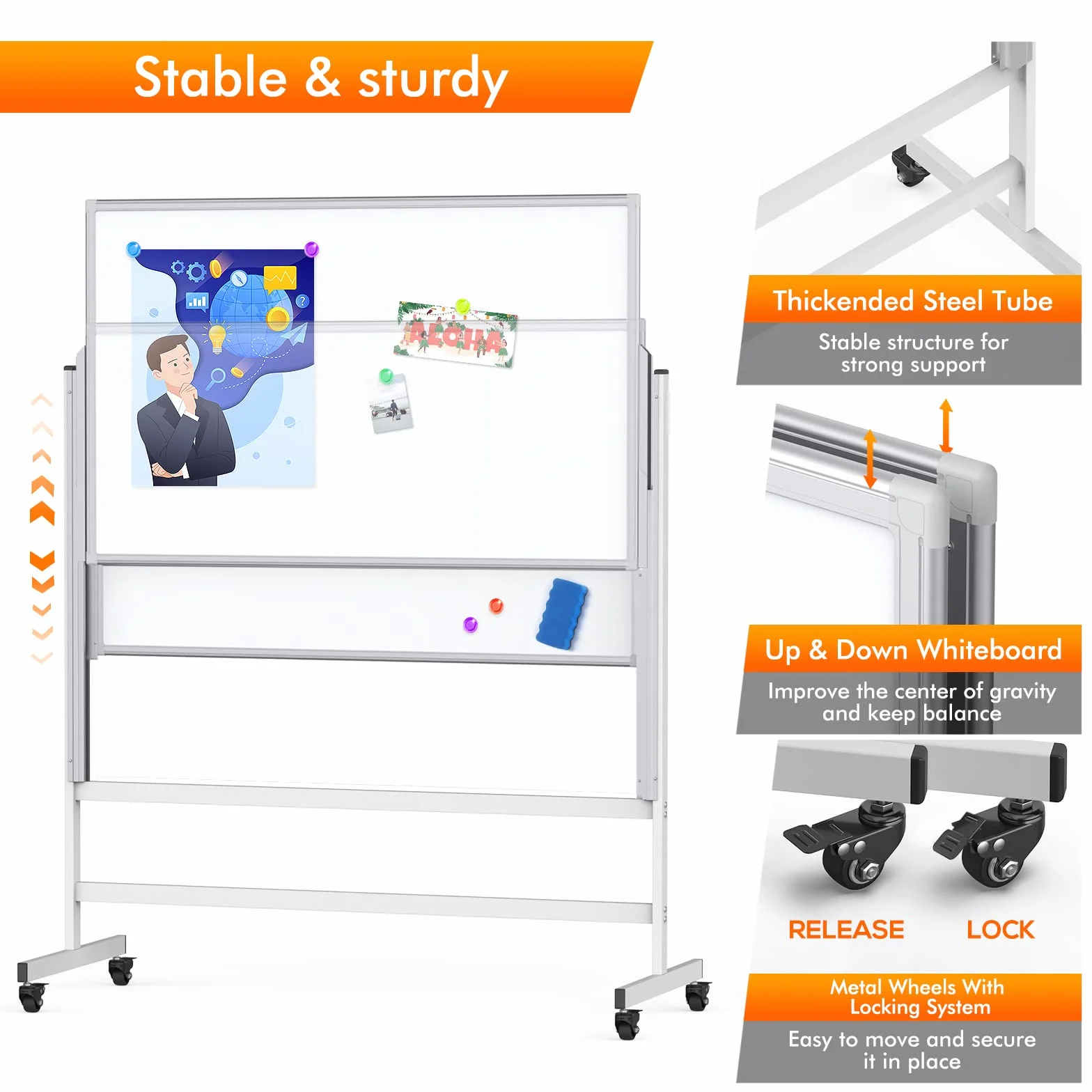 Maxtek Pizarra Blanca Móvil Regulable en Altura 150×120 cm, Doble Cara Magnética 120×75 cm, Whiteboard con Ruedas Marco Aluminio