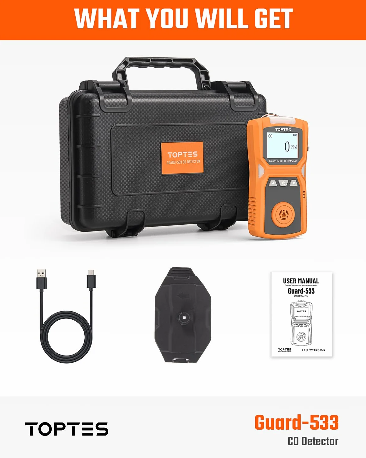 TopTes Guard-533 Detector Portátil de Monóxido de Carbono, con Alarmas Visuales, Sonoras y Vibrantes, Diseño con Clip Trasero, 120h de Espera, y a Prueba de Explosiones para Uso Doméstico y Laboral