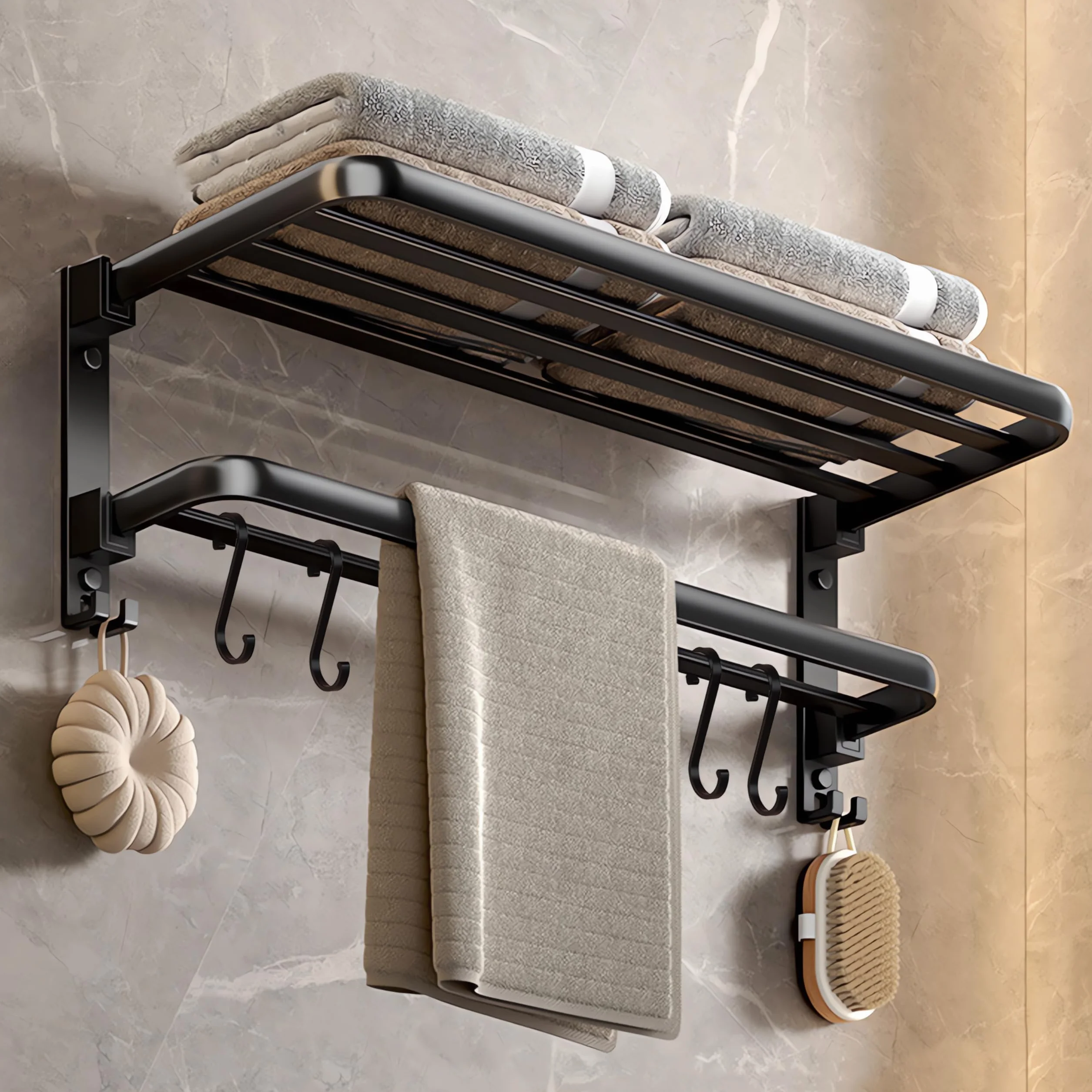 Toallero sin taladrar,Toallero de baño Negro,Toallero de Ducha para Montaje en Pared,Toallero Plegable Doble 90° con 4 Ganchos extraíbles para Cuartos de baño,Longitud Aprox. 60 cm,Metal