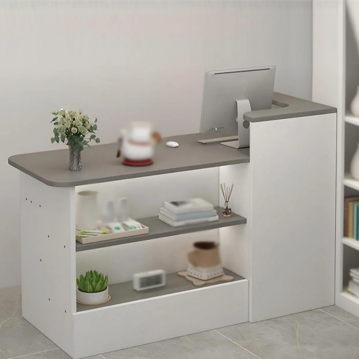 Mostrador Recepción Estética Madera Gabinete Cajero Gris Derecho 120x100x45cm