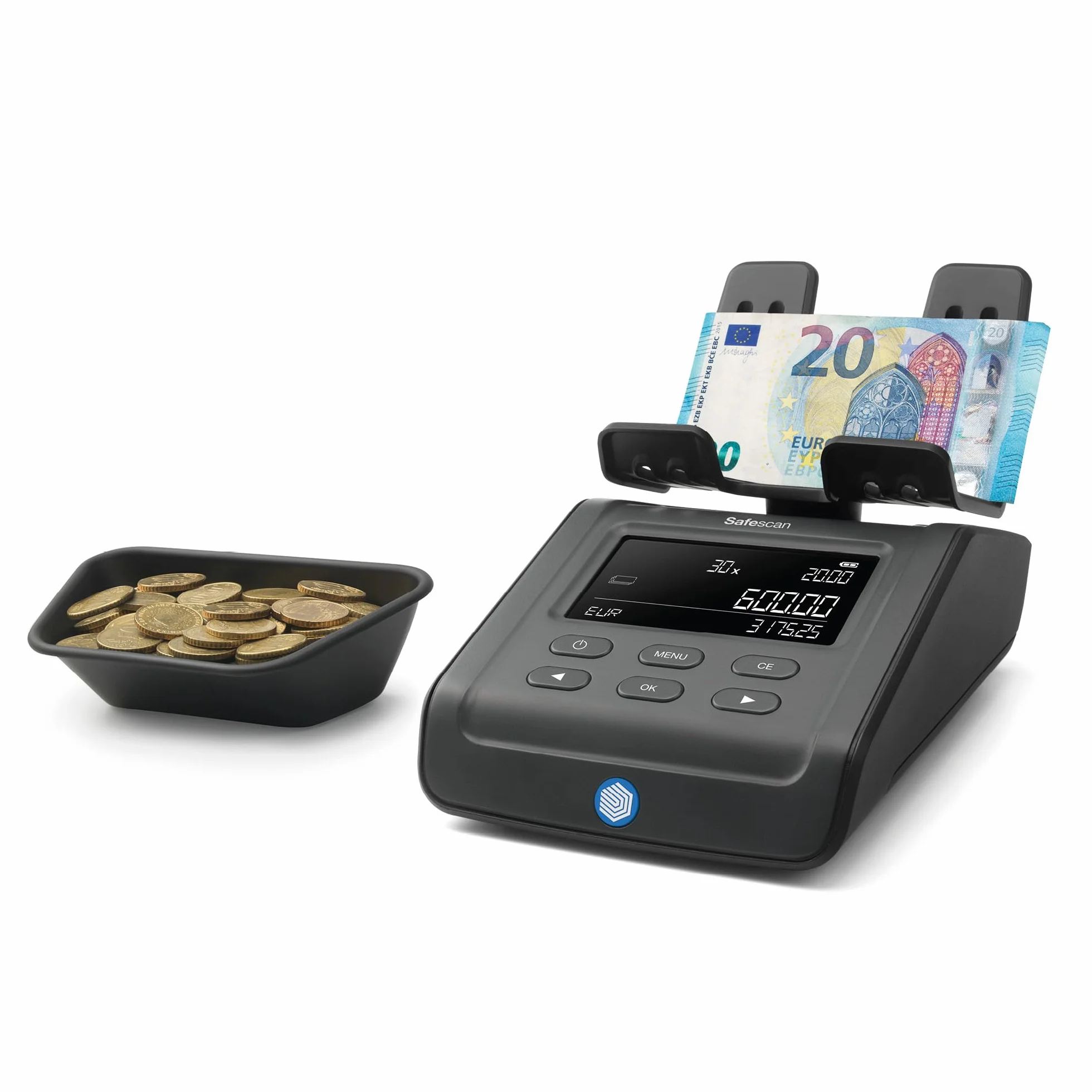 Safescan 6165 Máquina para contar dinero cuenta valor de monedas y billetes - Contadora de monedas con reconocimiento automático de rollos - Balanza para conteo rápido y ágil del cajón portamonedas
