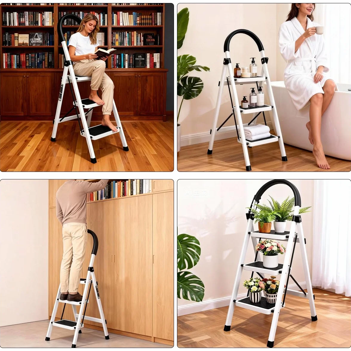 Escalera Plegable 3 peldaños con pasamanos y con Pedal Antideslizante | Taburete Multifuncional con Superficie | Escaleras Plegables Domésticas | Step Ladder para Hogar (3 escalones)