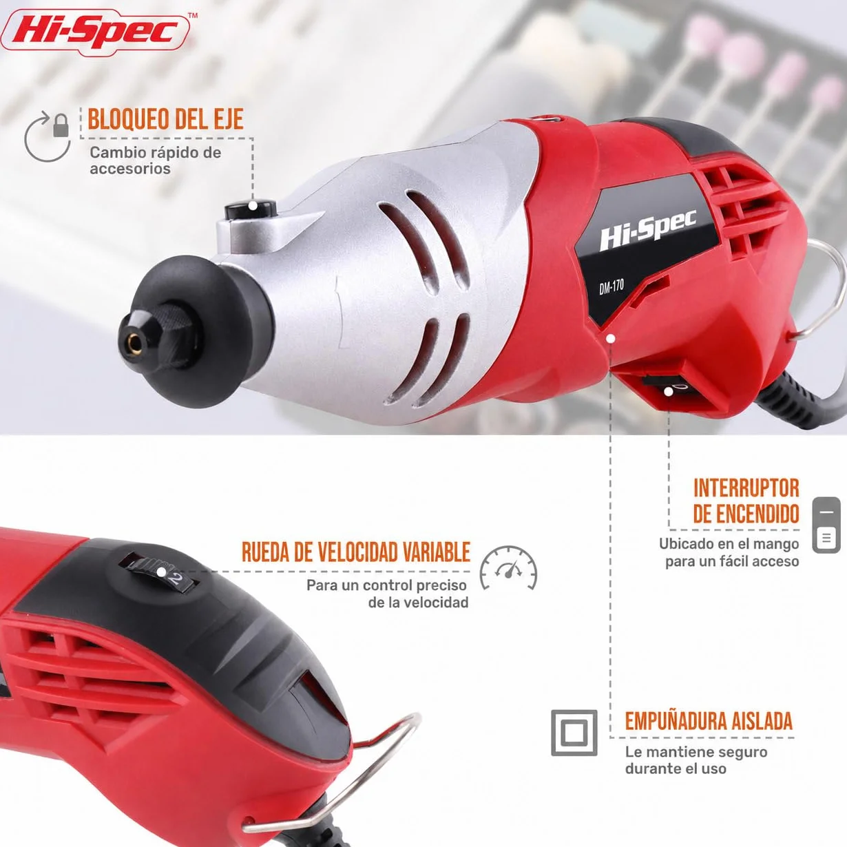 Hi-Spec Mini Amoladora Rotativa 170W para Manualidades para Casa y Oficina | 120 accesorios, hasta 35.000 rpm, para cortar, lijar, pulir, grabar y trabajos de bricolaje detallado, uso diario, portátil