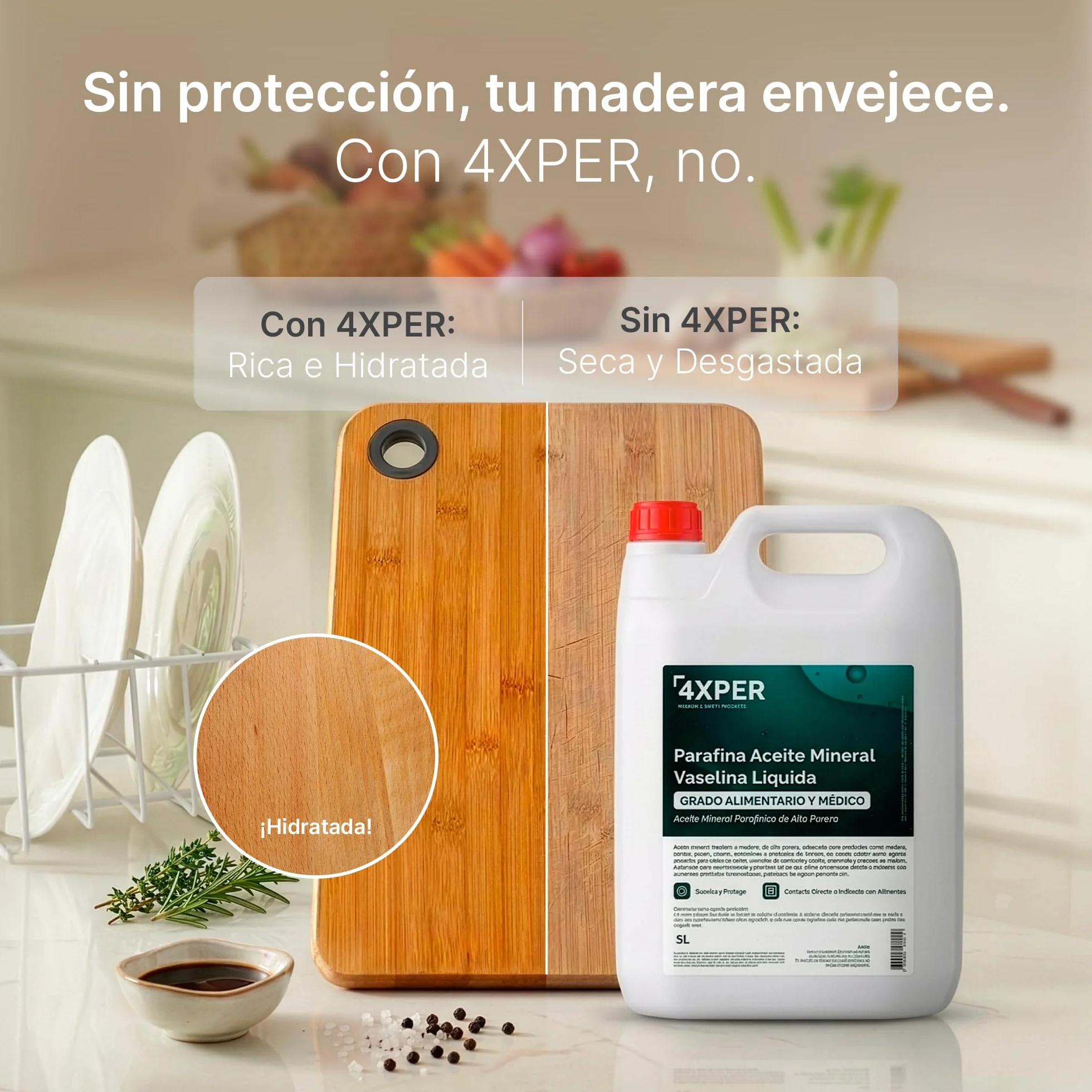 Aceite Mineral Alimentario 5L – Parafina Líquida/Vaselina Líquida Grado Alimentario y Médico – Alta Pureza, Incoloro e Inodoro – Para Madera, Bambú, Cocina y Formulación Cosmética