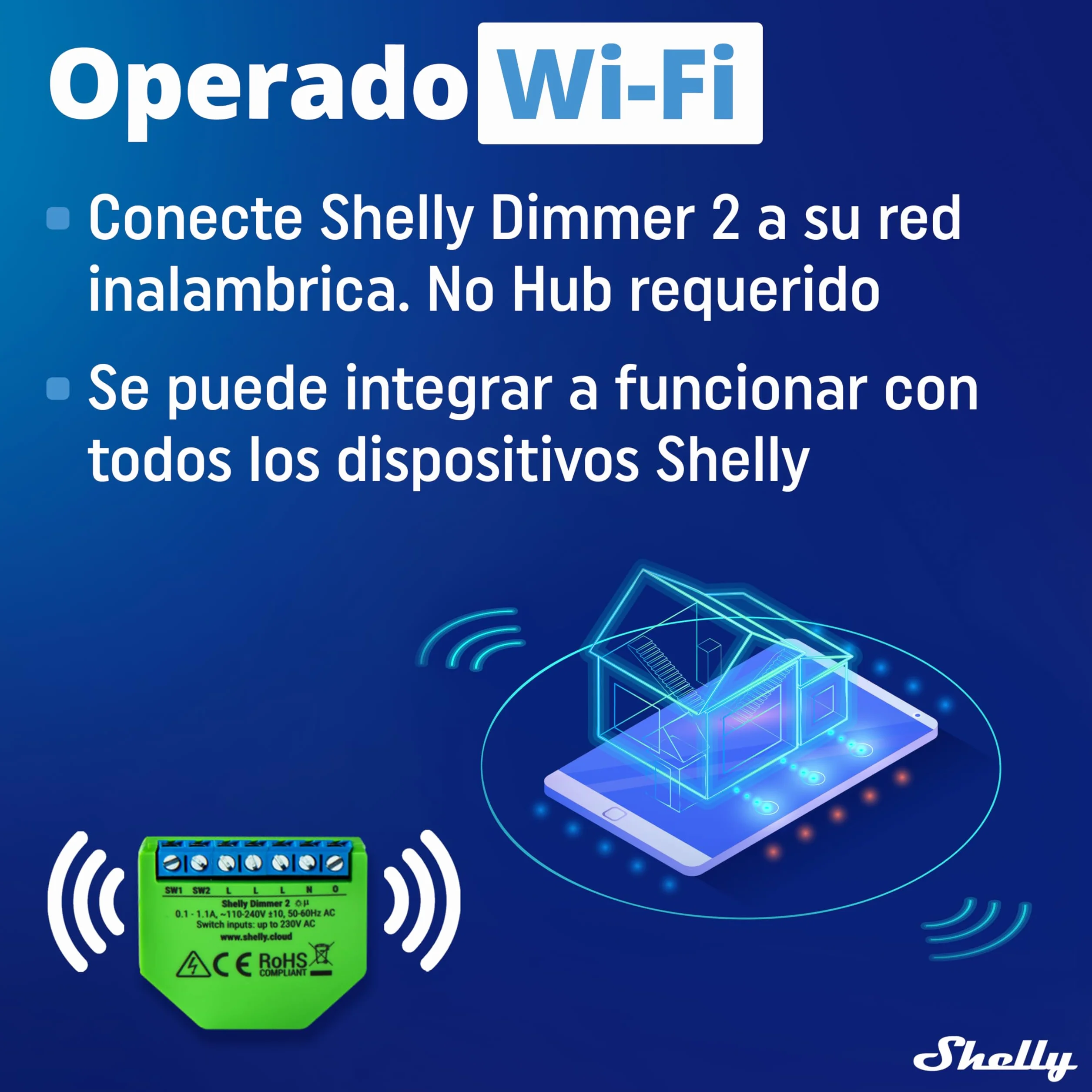Shelly Dimmer 2, Módulo Regulador de Luz W-Fi, Atenuador Inalámbrico, No necesita neutro, LED 10-220W, incandescentes/Halógenas 1-220W Compatible con Alexa & Google Home, iOS Android App