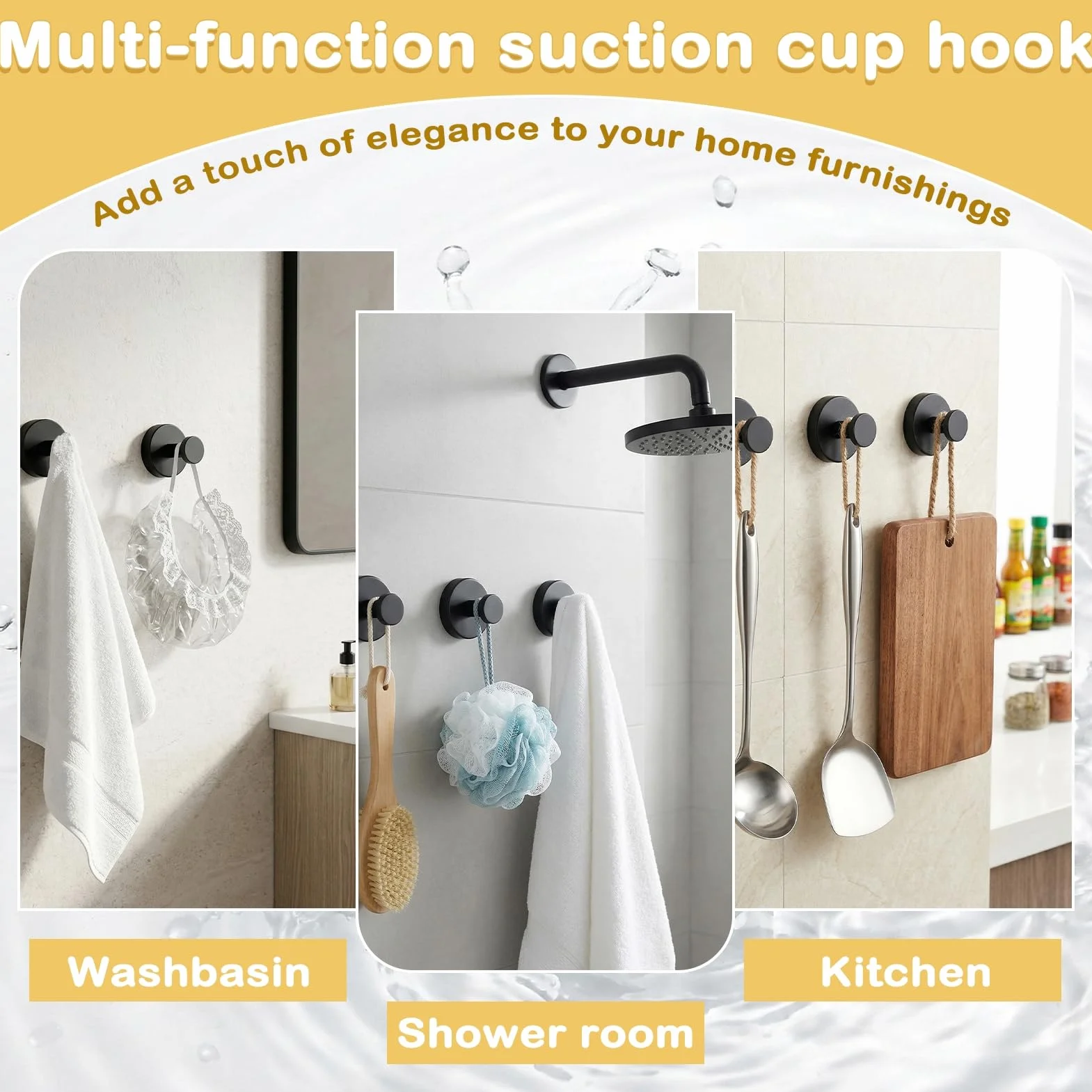 6 ganchos con ventosa, ganchos con ventosa, color negro, ventosa con toallero extrafuertes, reutilizables y extraíbles, ganchos para toallas de baño y cocina