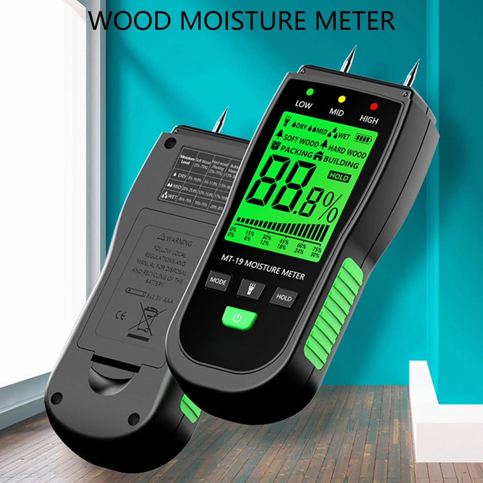 Medidor de lectura de madera de pantalla grande de mano de alta precisión, adecuado para uso en interiores y exteriores, trabajadores de la construcción, detector digital