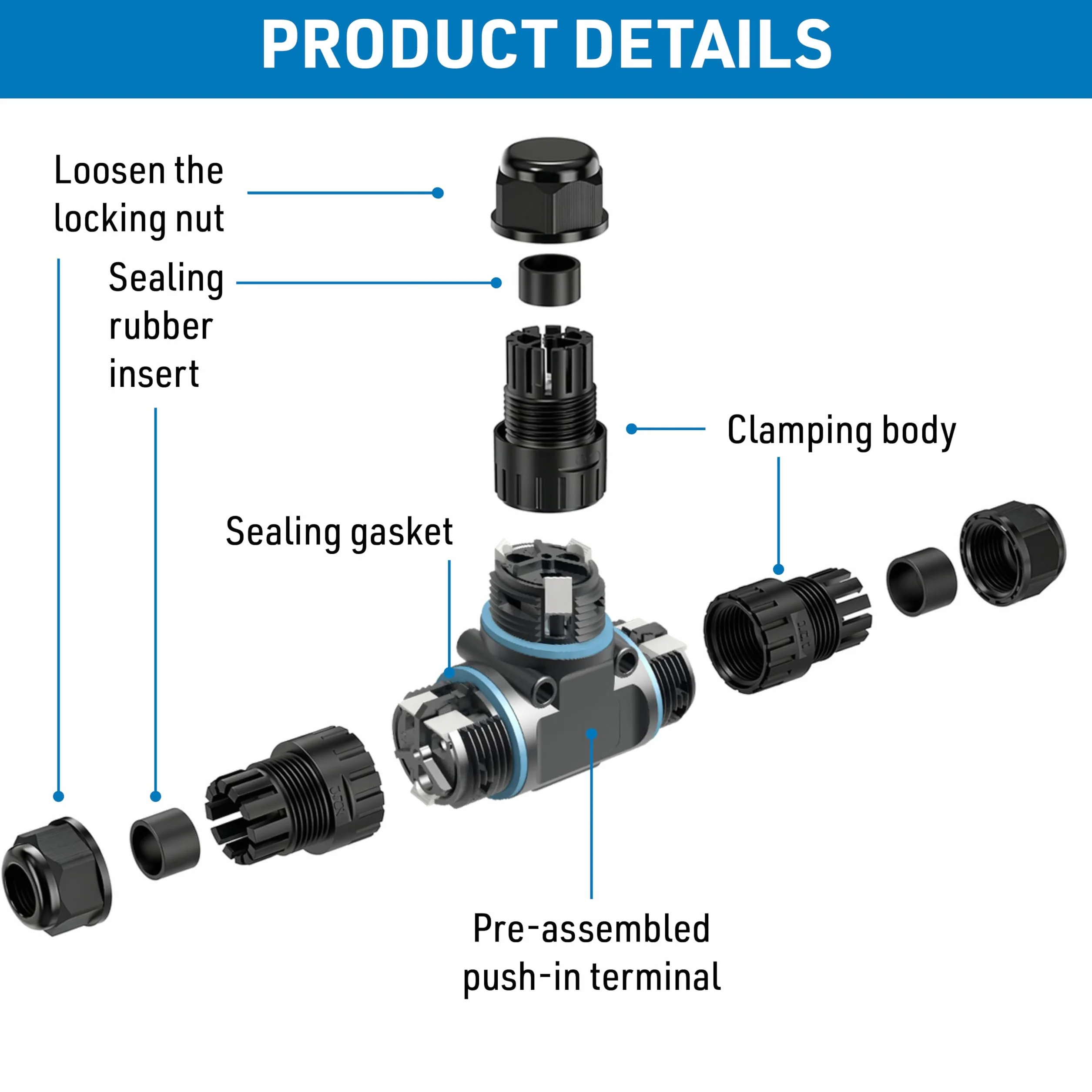 Electraline 71736 Conector estanco en forma de t, 3 polos, 3 vías, ideal para jardines y espacios exteriores, para cables externos IP68