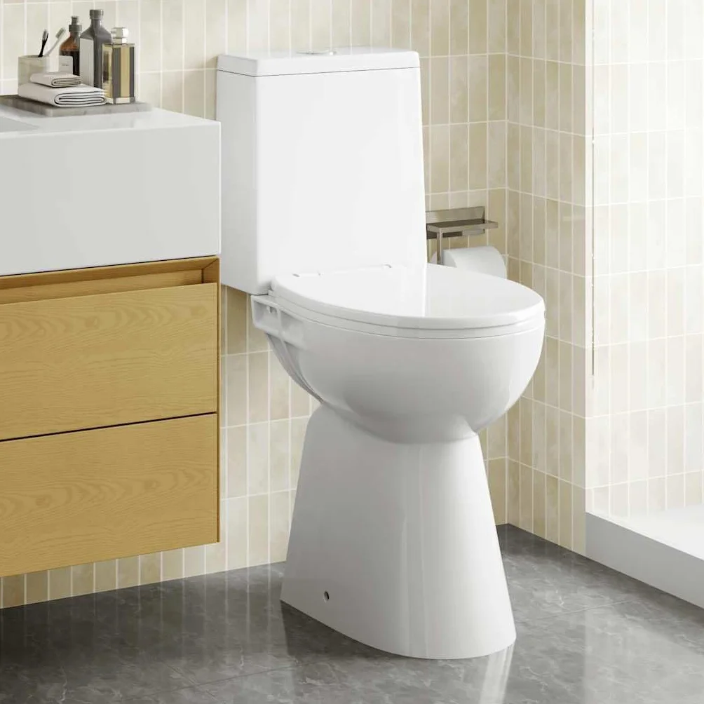 vidaXL Inodoro Sin Borde, Cerámica, Blanco, 50,5x36,5x50 cm, Asiento Soft-Close, Altura Extra Confort 7 cm, WC Compacto, Diseño Delgado, Baño, Descarga Higiénica