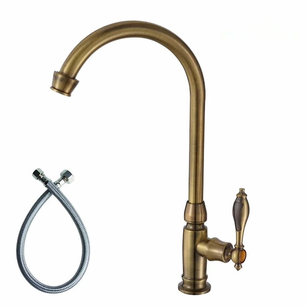 QIYOU Grifo de cocina retro de latón, giratorio 360, marrón naranja, manguera de latón de 12 pulgadas y cartucho de cerámica, grifo de fregadero de baño
