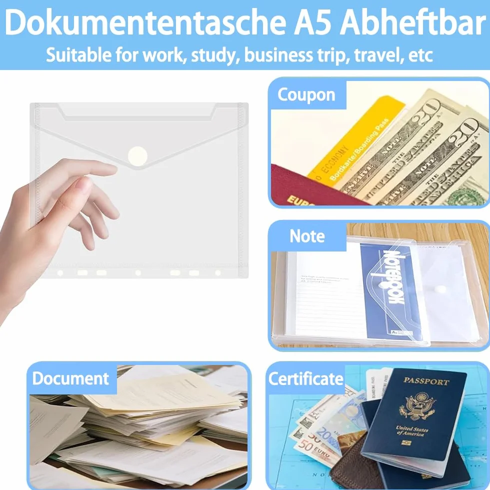 Carpeta A5 Plástico con Botón 7 Agujeros 22.8x18cm Transparente para Organización de Documentos
