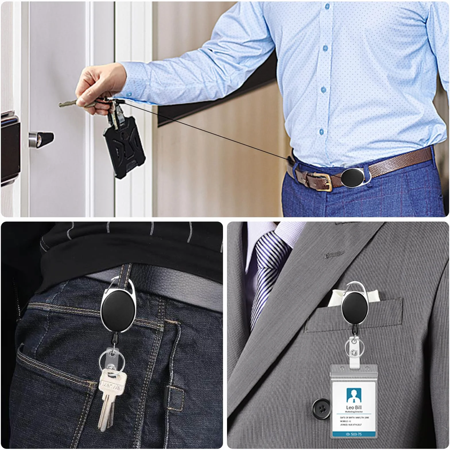 Llavero Retráctil con Clip 2 Unidades Extensibles Cordón Nylon para Tarjetas Identificación Llaves Negro