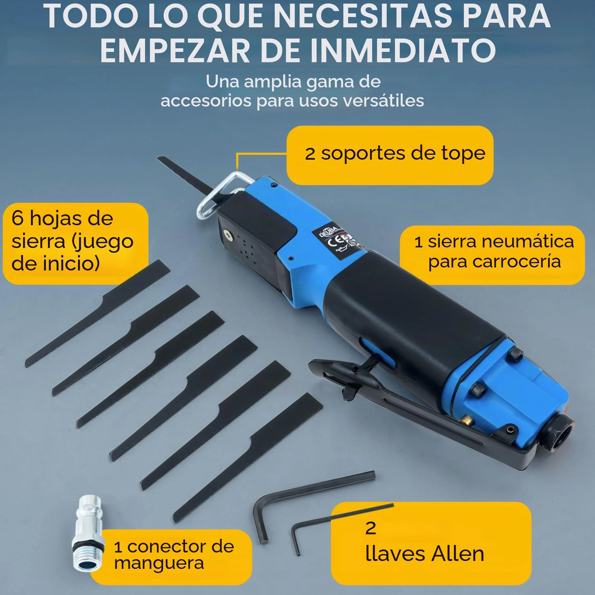 Monzana Sierra Neumática de Aire Comprimido 6 Hojas 2 Llaves Allen 10.000 rpm Mango de Goma Cortadora de Metal