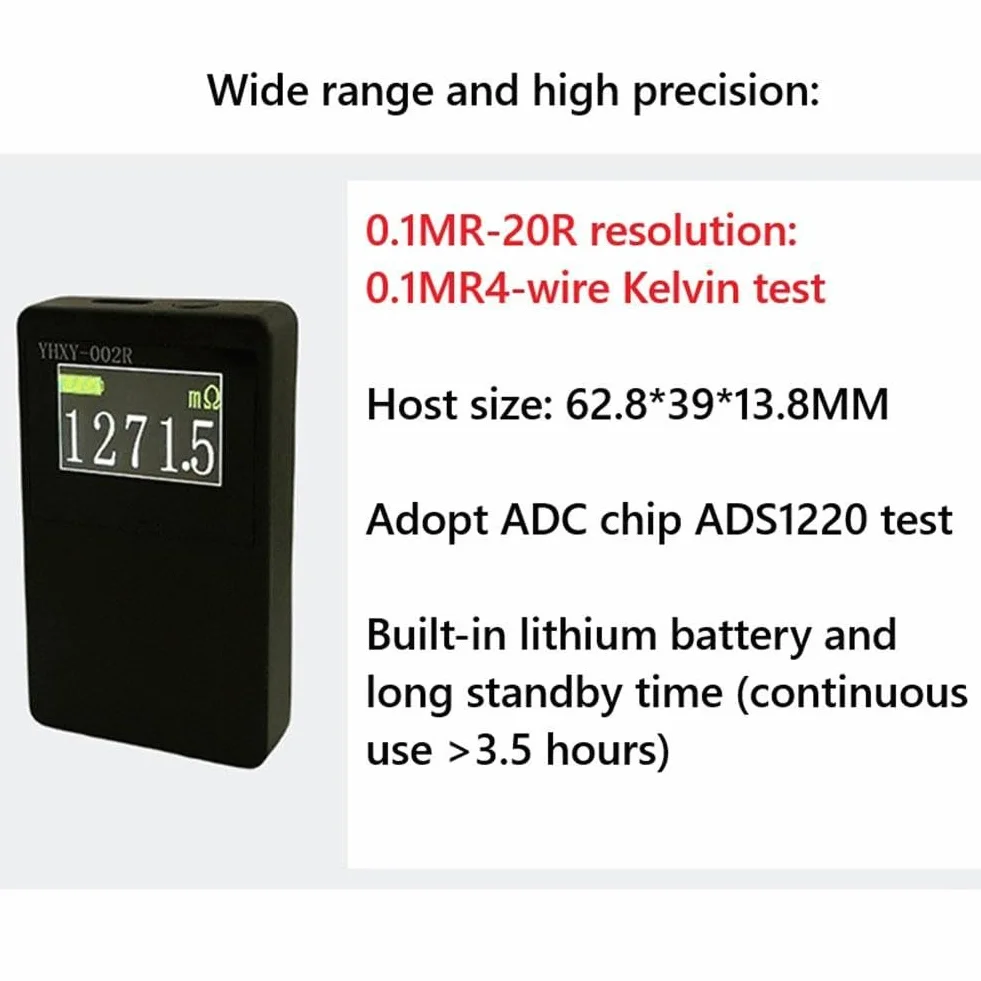 Miliohmímetro CC de 0,1 mR a 20 ohmios, comprobador de resistencia con 0,03 % de precisión, prueba Kelvin de 4 cables, pantalla LCD, batería de litio integrada