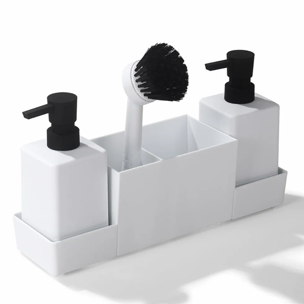 Organizador de cocina con 2 dispensadores de jabón 350 ml, soporte de esponja y bandeja de goteo, plástico ABS