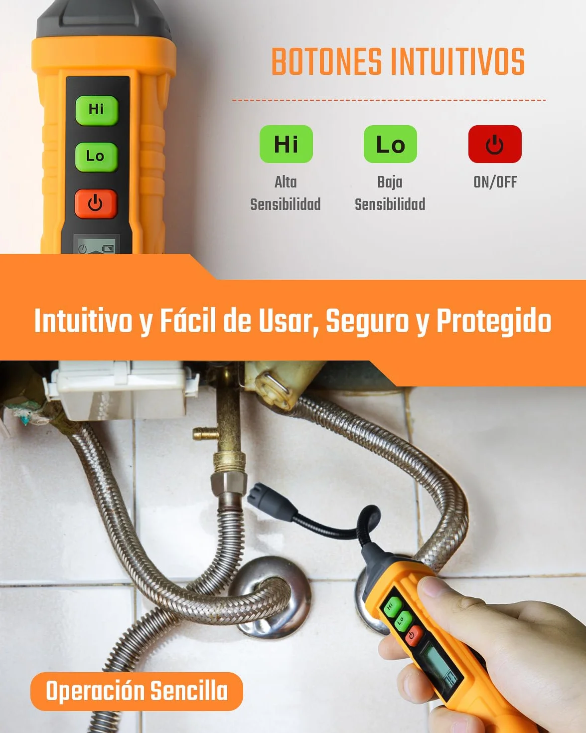 Detector de Gas Natural, TopTes PT210S Detector portátil de Fugas de Gas con sonda de 4 Pulgadas para localizar Gases combustibles como Gas Natural, midiendo%LEL (baterías Incluidas) - Naranja