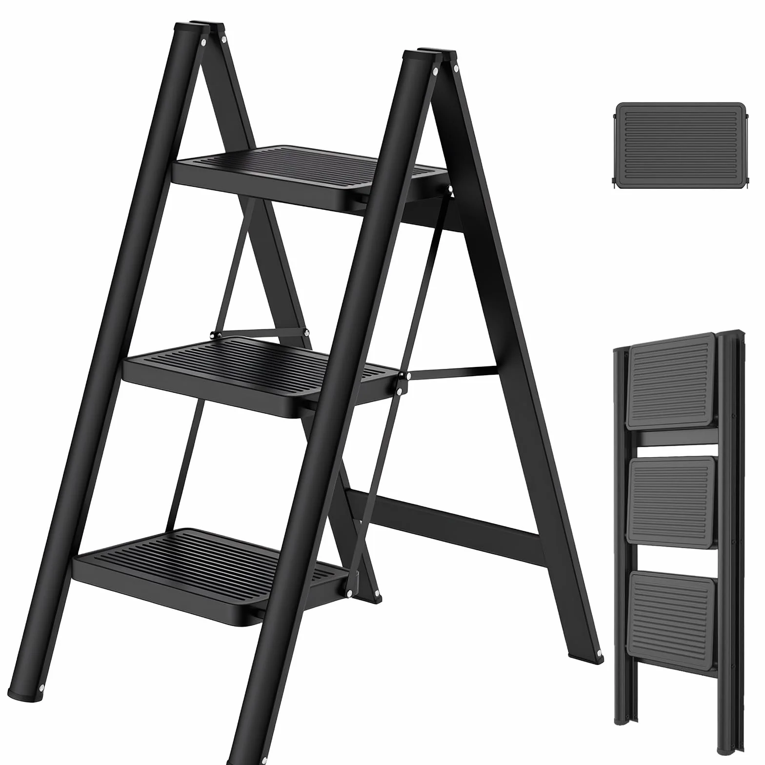Escalera plegable en 3 peldaños, portátil, capacidad de 250 kg, con pedal ancho antideslizante, para el hogar, cocina, oficina, garaje