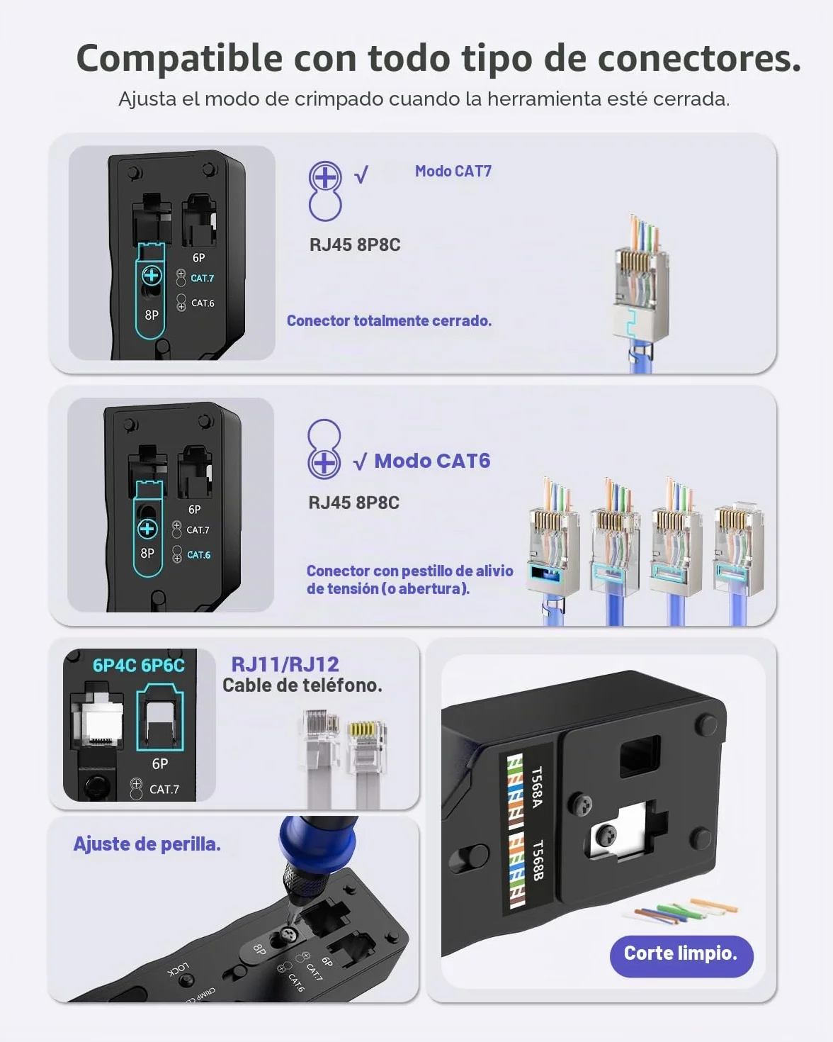 VCELINK GJ671BL Crimpadora RJ45 Pasante Crimpadora Profesional para Conector RJ45,RJ12,RJ11