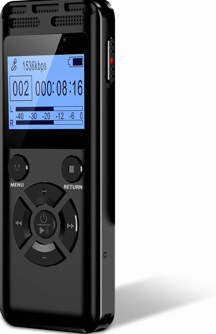 Grabadora de Voz Digital 64GB con Reducción de Ruido, Estéreo HD 1536Kbps, Metálica, Activación por Voz