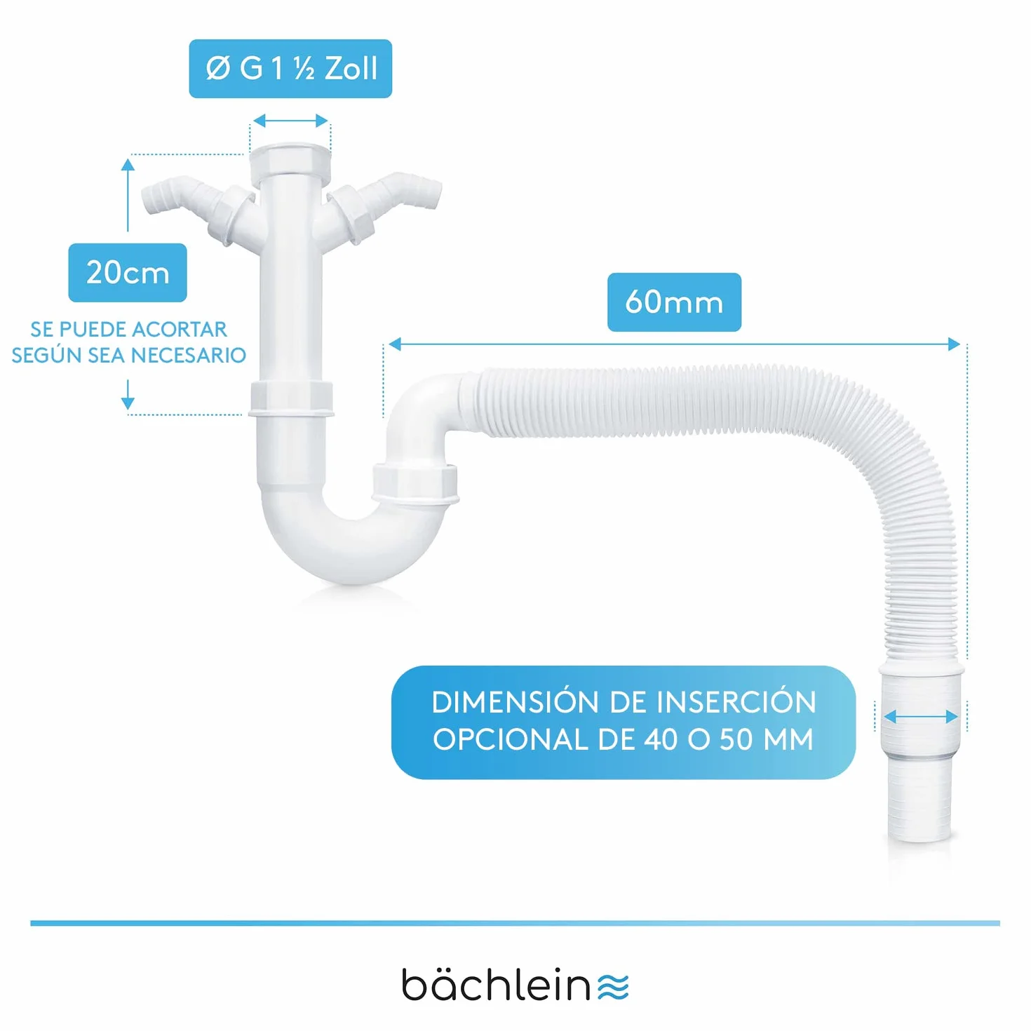 Bächlein Sifón Tubular Flexible para Fregadero, Trampa de Olores G 1 1/2"