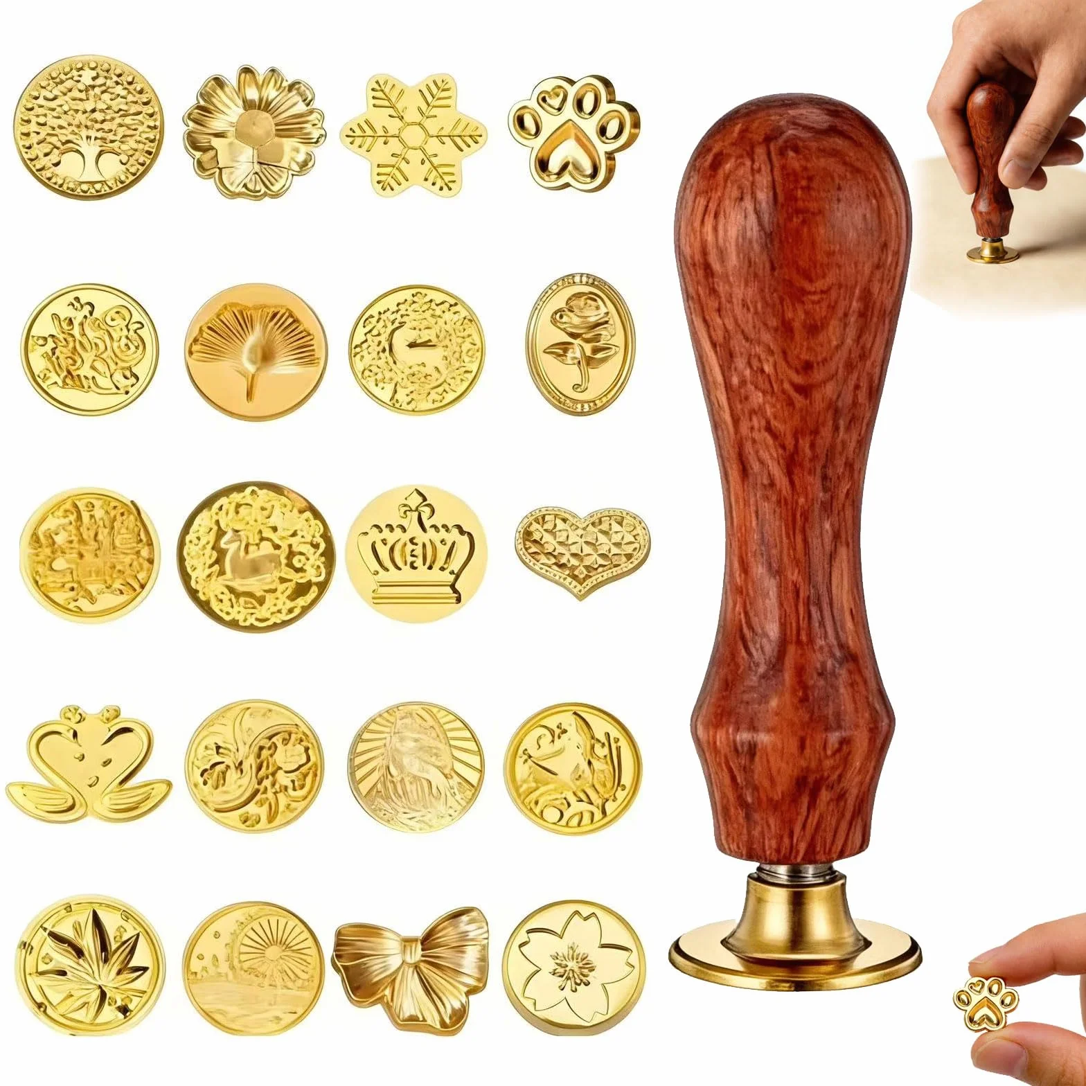 Sello de Lacre Vintage con 20 Diseños, Mango de Madera, Cabezales Intercambiables – Set Completo