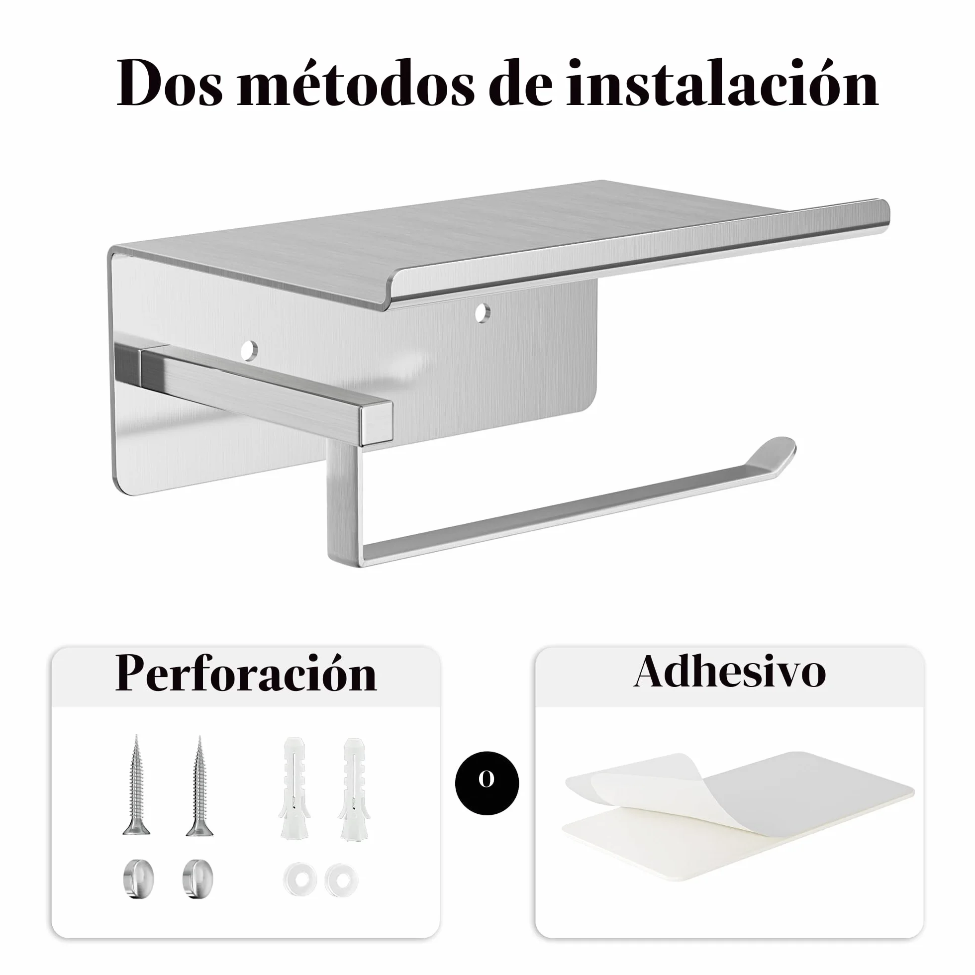susswiff Soporte para papel higiénico con estante cromado – Soporte para rollos de papel higiénico, autoadhesivo, sin taladrar, soporte de papel higiénico para baño, acero inoxidable, plateado
